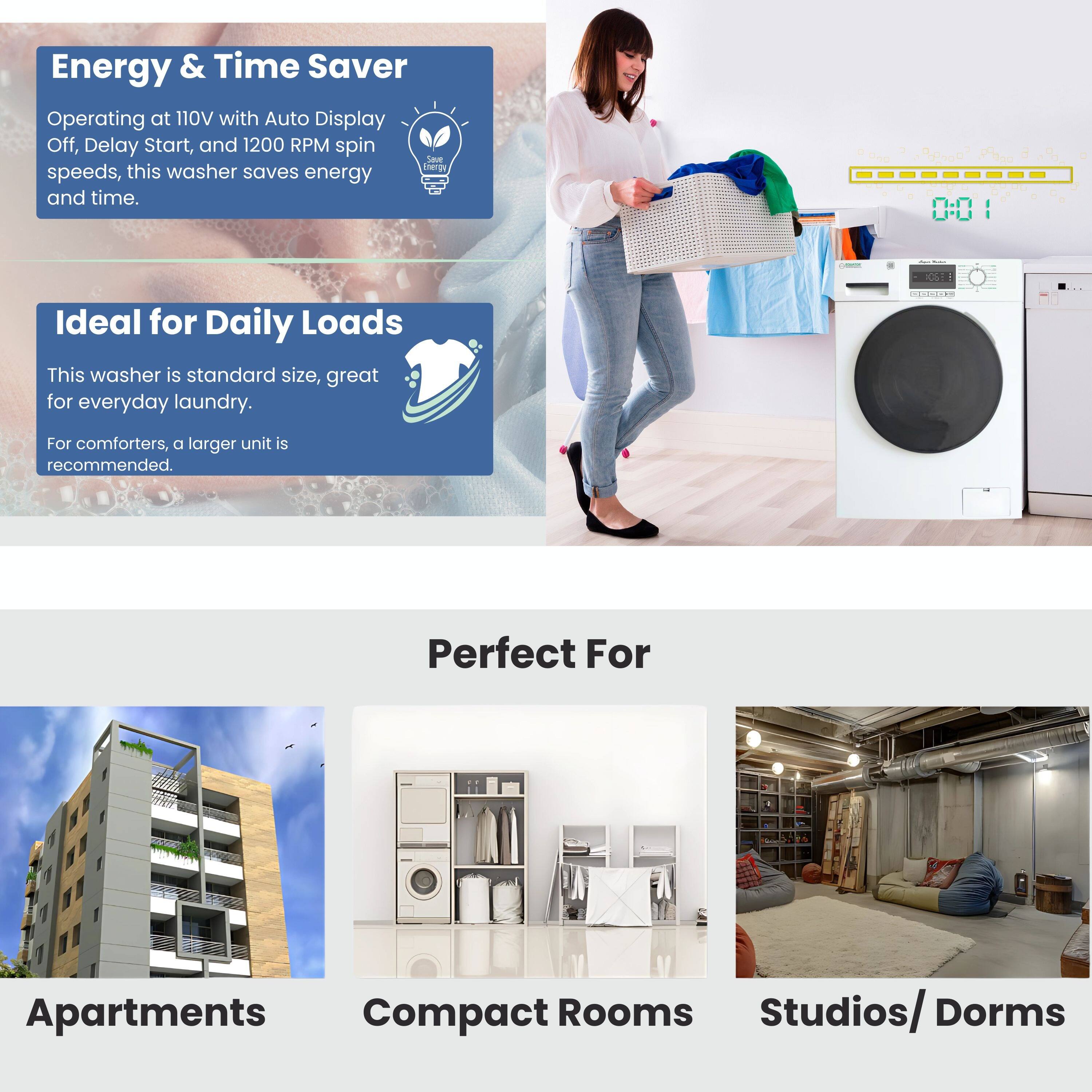 Energy & Time Saver  
Operating at 110V with Auto Display Off, Delay Start, and 1200 RPM spin speeds, this washer saves energy and time.

Ideal for Daily Loads  
This washer is standard size, great for everyday laundry. For comforters, a larger unit is recommended.

Perfect For  
Apartments  
Compact Rooms  
Studios/ Dorms