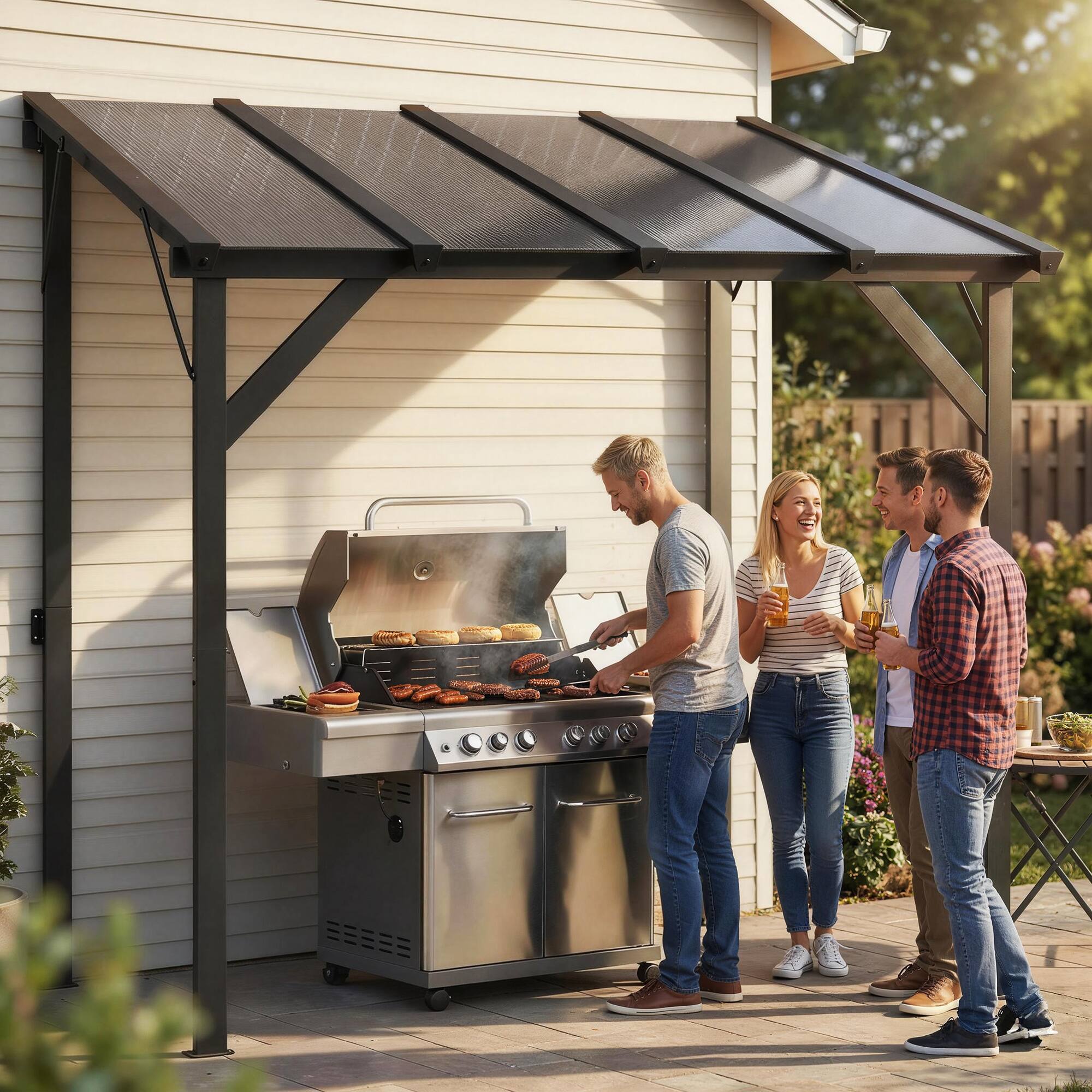 Alt View 8. Outsunny - 8' x 5' Hardtop Grill Gazebo, Lean-to BBQ Gazebo Shelter, Wall-Mounted Pergola with Polycarbonate Roof and Steel Frame.