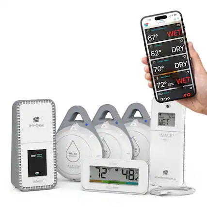 - 12:34
- Hou Quick View
- Kitchen Dishwasher: 67°F WET
- Basement: 62°F DRY
- Laundry Room: 70°F DRY
- Water Heater: 72°F 48% WET
- Nursery: 72°F
- Bridge Prode
- La Crosse Technology
- WiFi Water Sensor
- La Crosse Technology
- Comfort Interior Sensor
- Remote Sensor +