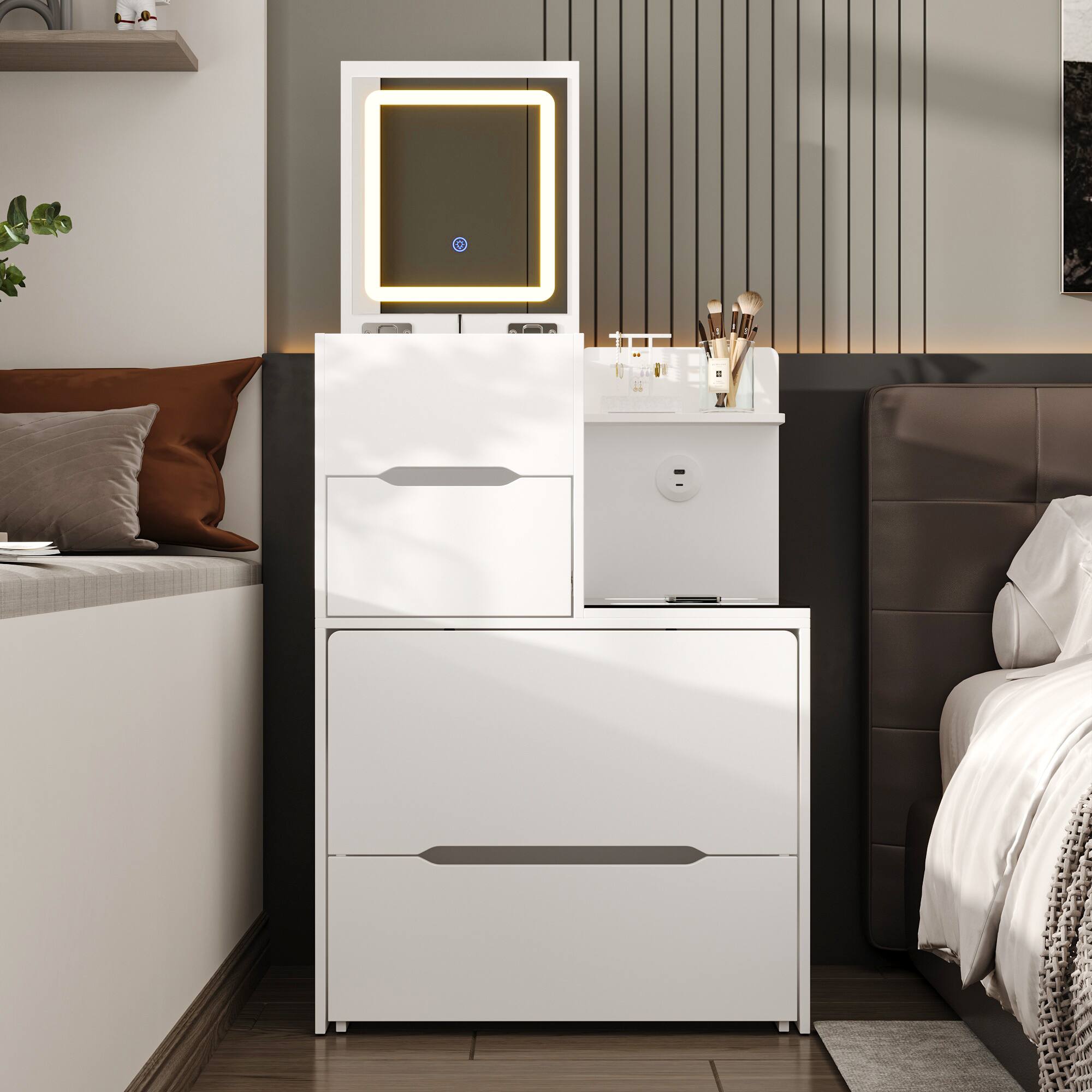 Alt View 2. Famapy - Famapy Multifunctional Vanity Nightstand: Your Compact Beauty & Storage Hub - White.