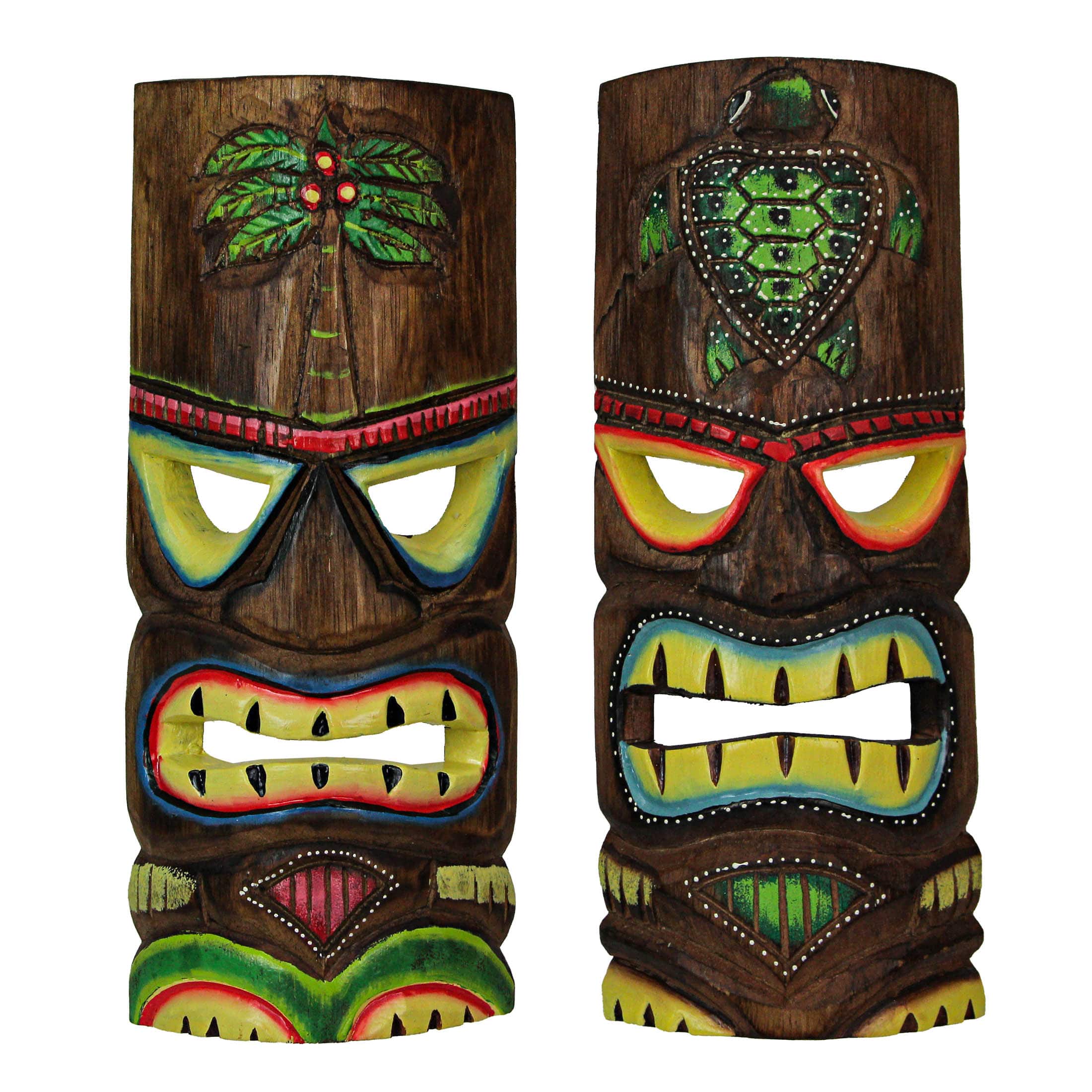 Things2Die4 - 12 Inch Wood Hand Carved Tiki Mask Wall Art Palm Tree And Turtle Tropical Beach Home Decor Set of 2 - Multicolored