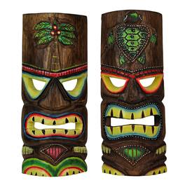 Things2Die4 - 12 Inch Wood Hand Carved Tiki Mask Wall Art Palm Tree And Turtle Tropical Beach Home Decor Set of 2 - Multicolored