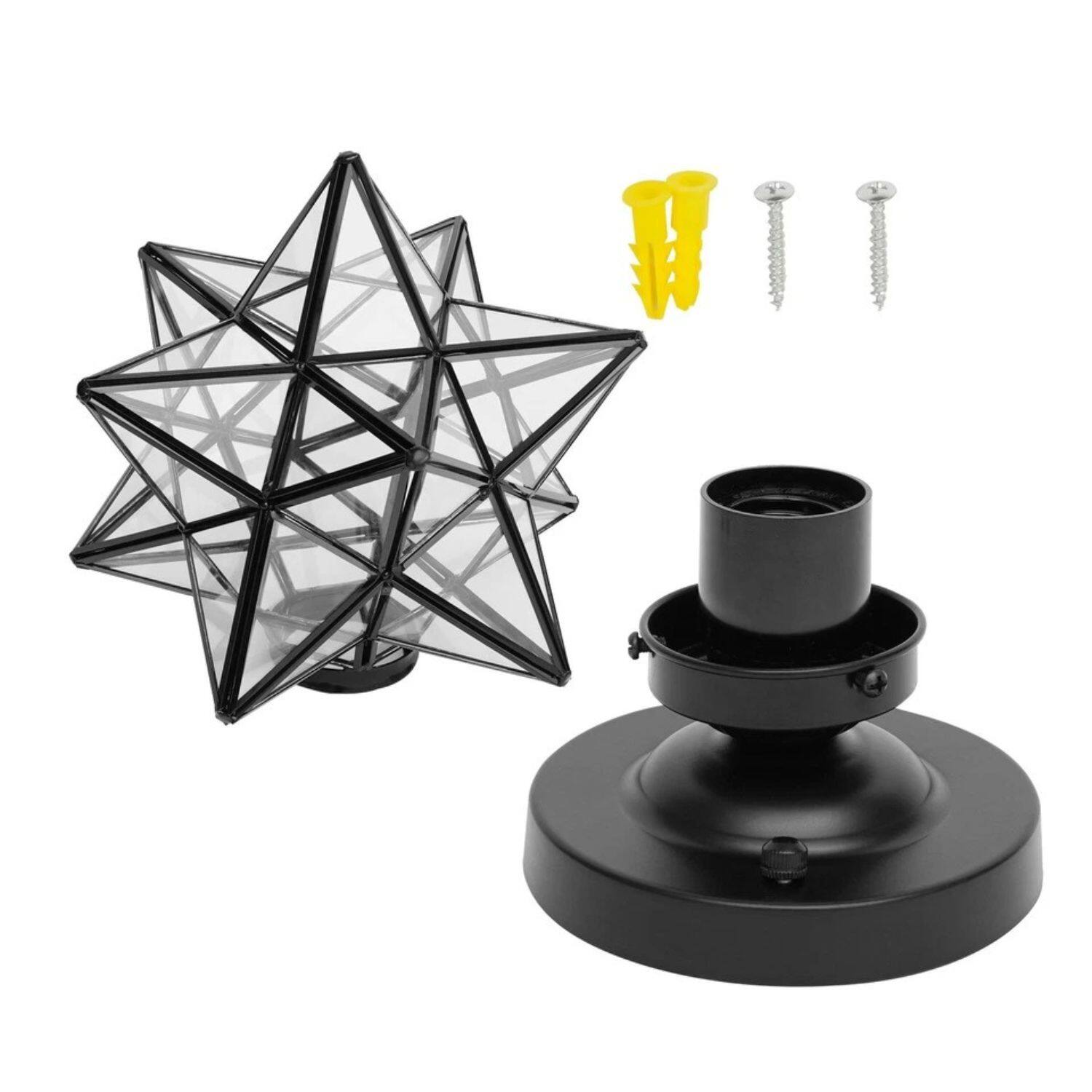 Back. Stock Preferred - Moravian Star Flush Mount Ceiling Light - Black with Clear Glass Panels.