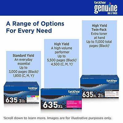 **Brother Genuine Ink & Toner**

**A Range of Options For Every Need**

- **Standard Yield**
  - An everyday essential
  - Up to 3,000 pages (Black)
  - 1,800 (C, M, Y)

- **High Yield**
  - A high-volume performer
  - Up to 5,500 pages (Black)
  - 4,500 (C, M, Y)

- **High Yield Twin-Pack**
  - Extra toner at hand
  - Up to 11,000 total pages (Black)

**Brother 635 3**
**Brother 635L 2**
**Brother 635L**

*Scroll down to learn more. Images are for illustrative purposes only.*