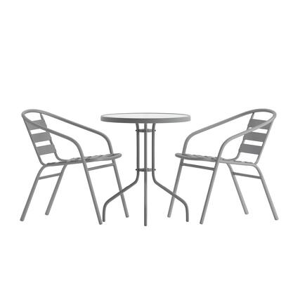 Front. Emma + Oliver - Rhea 23.75'' Round Glass Top Metal Table with 2 Aluminum Slat Stack Chairs - Silver.