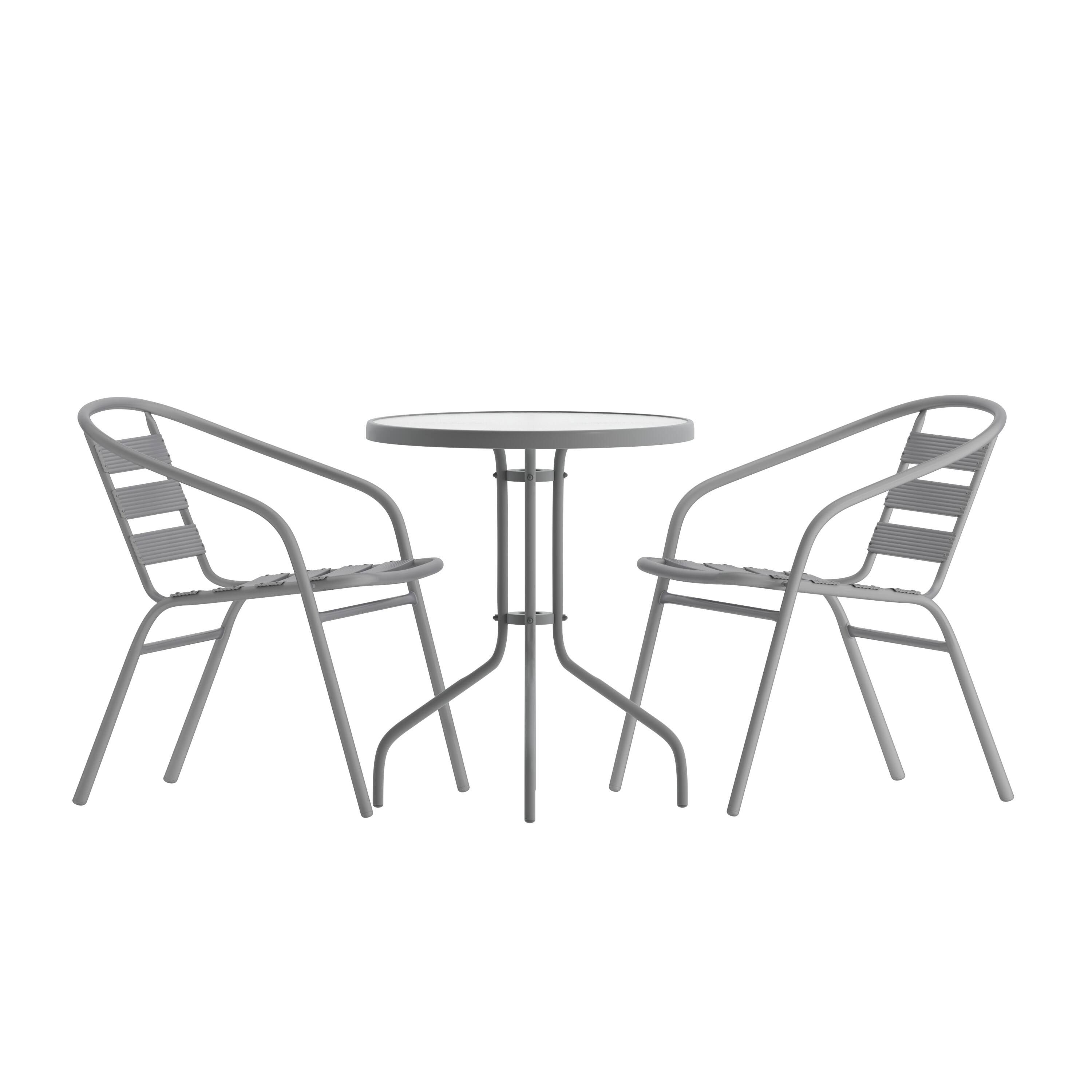 Front. Emma + Oliver - Rhea 23.75'' Round Glass Top Metal Table with 2 Aluminum Slat Stack Chairs - Silver.