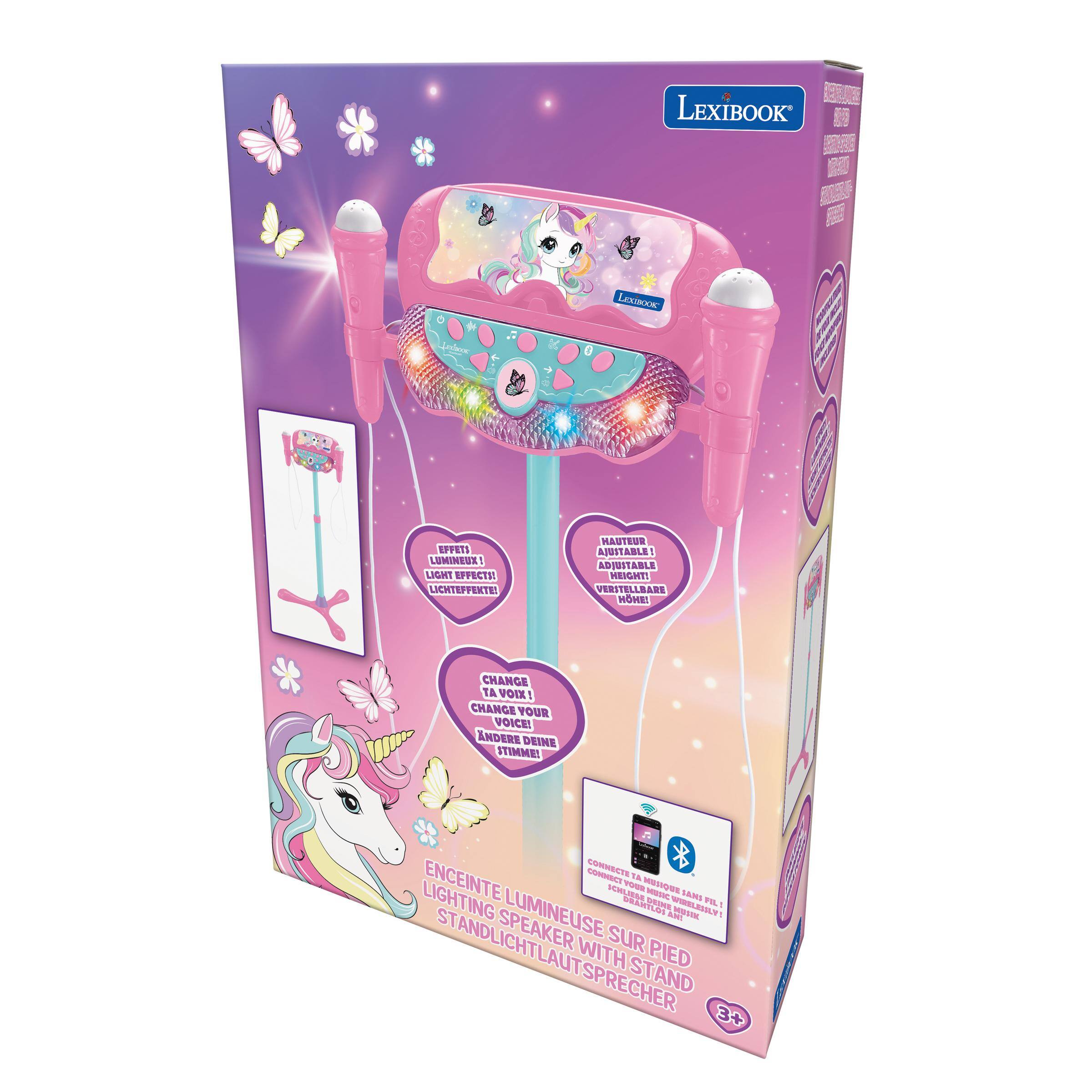 LEXIBOOK

LEXIBOOK
EFFETS LUMINEUX LIGHT EFFECTS! LICHTEFFEKTE!
HAUTEUR AJUSTABLE! ADJUSTABLE HEIGHT! VERSTELLBARE HÖHE!
CHANGE TA VOIX CHANGE YOUR VOICE! ÄNDERE DEINE STIMME!
ENCEINTE! CONNECTE TA MUSIQUE WIRKLICHSTANDLICHTLAUTSPRECHER WITH SUR PIED STAND 3+