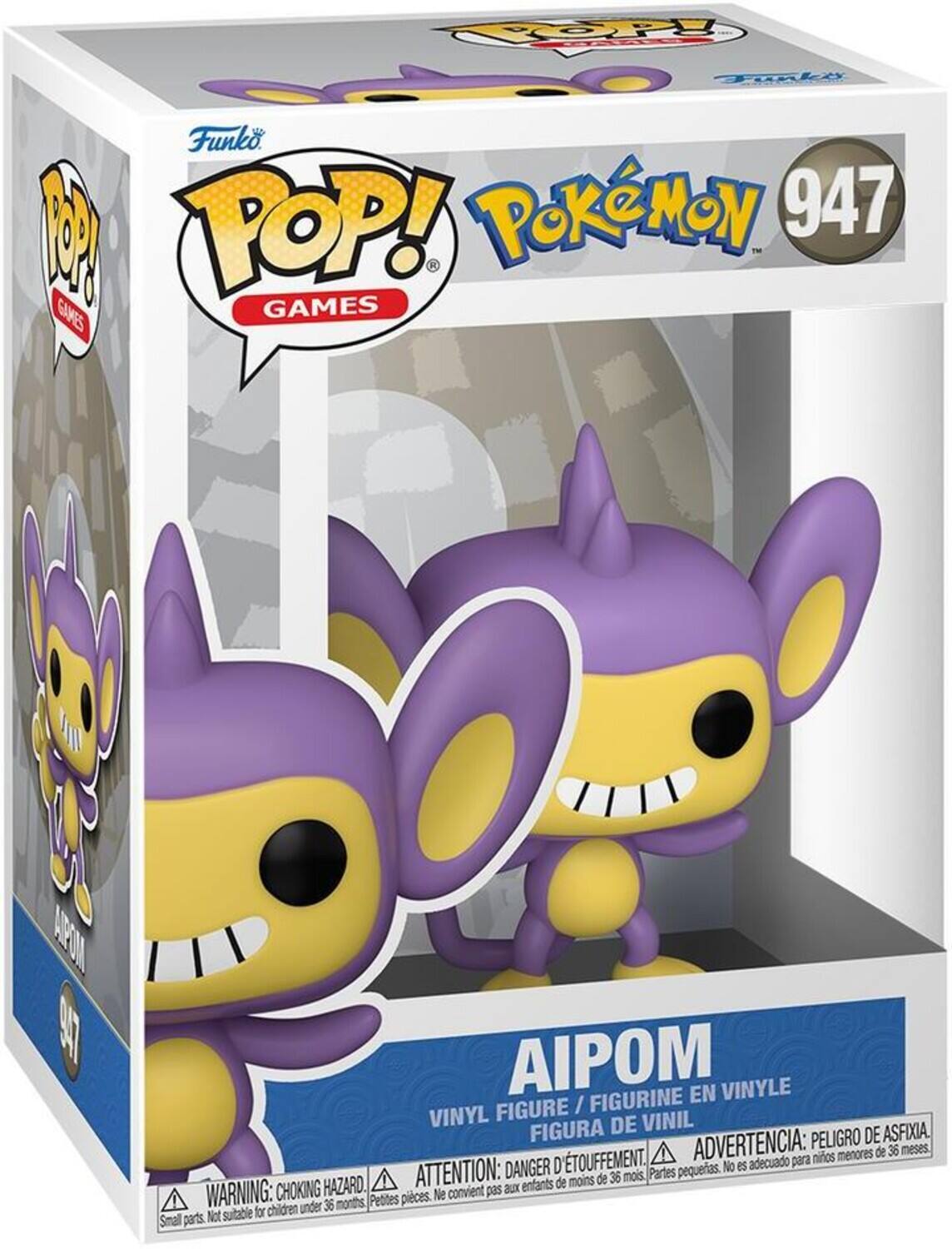 Funko POP! GAMES  
Pokémon 947  
Aipom  
Vinyl Figure / Figurine en Vinyle / Figura de Vinil  
WARNING: CHOKING HAZARD. Small parts. Not suitable for children under 36 months.  
ADVERTENCIA: PELEIGRO DE ASFIXIA. No es adecuado para niños menores de 36 meses.  
ATTENTION: DANGER D'ÉTOUFFEMENT. Ne convient pas aux enfants de moins de 36 mois.
