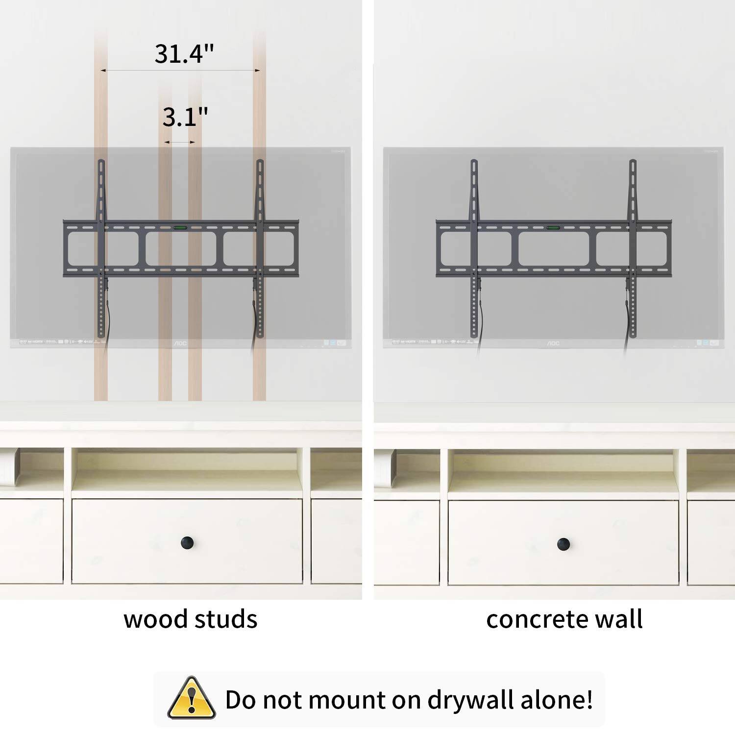 31.4"  
3.1"  

wood studs  
concrete wall  

Do not mount on drywall alone!