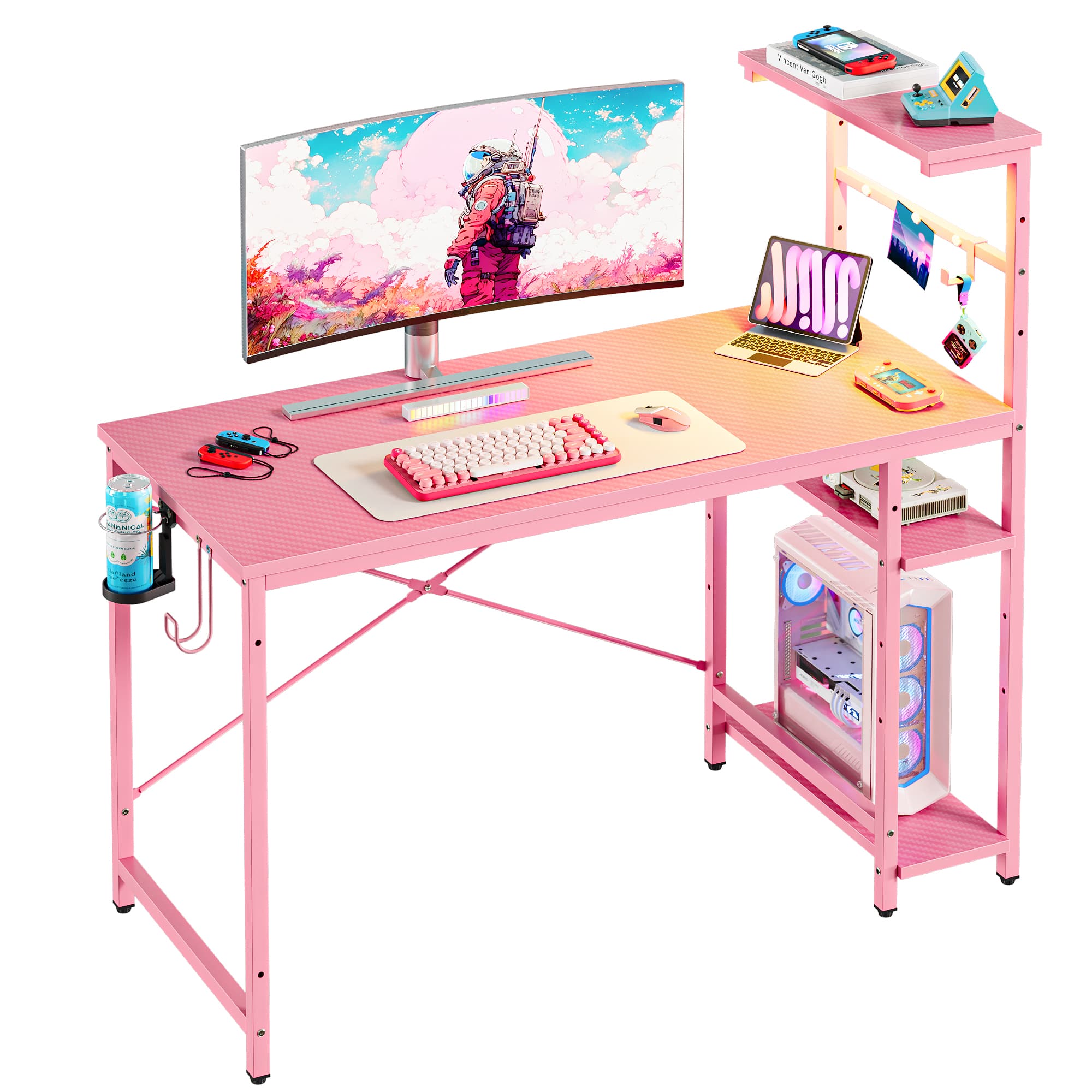 Bestier - 44" RGB Gaming Desk with Reversible 4-Tier Storage and LED Lighting - Pink