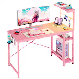 Bestier - 44" RGB Gaming Desk with Reversible 4-Tier Storage and LED Lighting - Pink