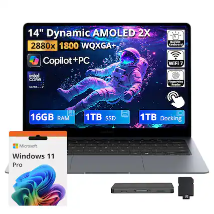 14" Dynamic AMOLED 2X
2880x 1800 WQXGA+
Copilot+ PC
Backlit Keyboard
WiFi 7
Intel CORE ULTRA 7
FingerPrint Reader
16GB RAM
1TB SSD
1TB Docking
SAMSUNG
Microsoft Windows 11 Pro
