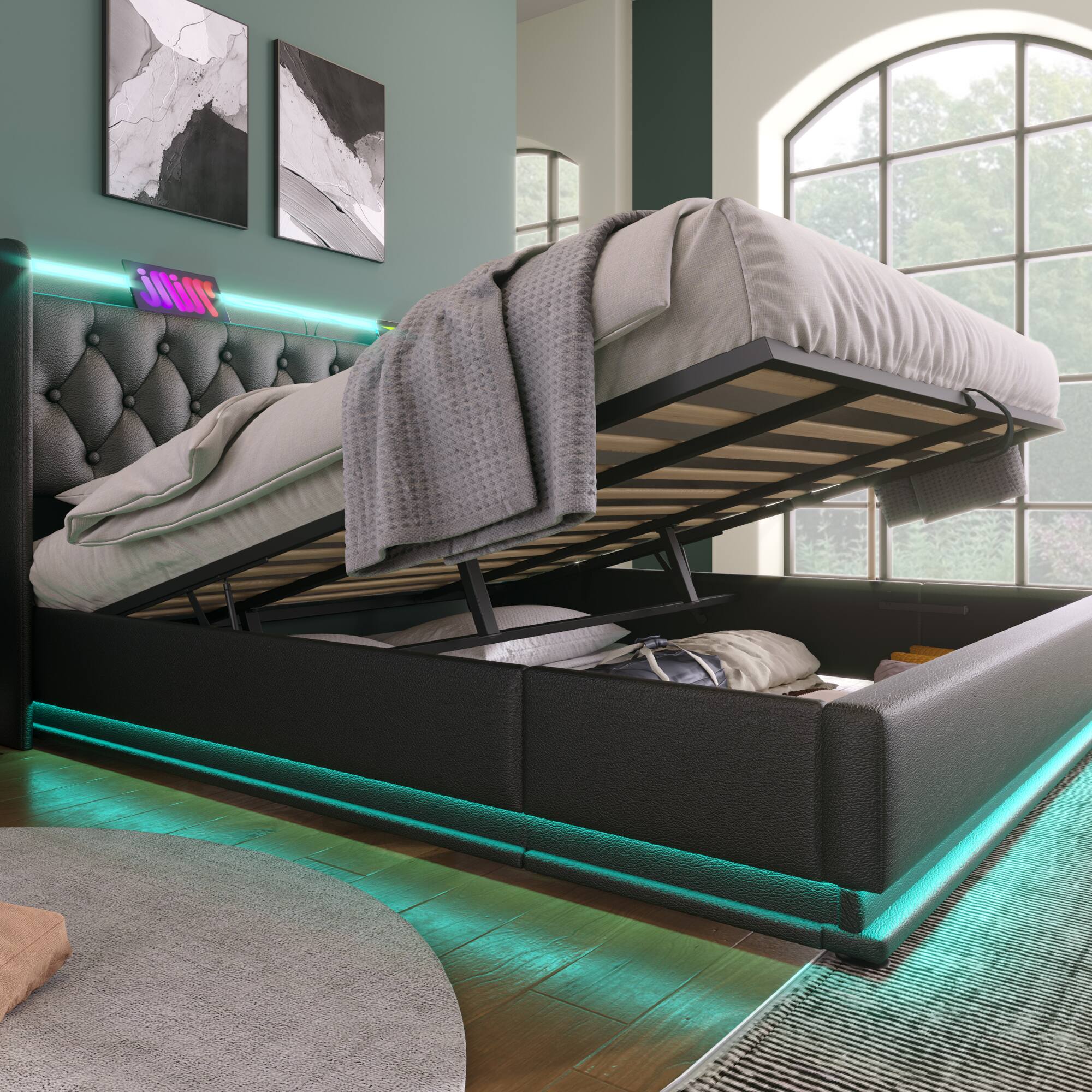 Back. GOODSILO - King Size Upholstered Bed with LED Lighting, Hydraulic Storage, and USB Charging - Black.