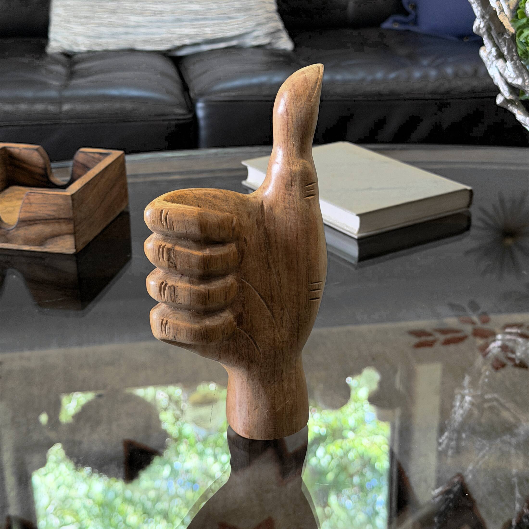 Alt View 7. Zeckos - Hand Carved Wood Thumbs up Hand Statue Natural Tabletop Decor 7.75 Inch Tall - Natural.