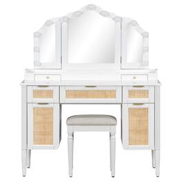 COWLOWN - 44.37 Inch Vanity Desk 13 Hollywood Bulbs 3 Modes Tri Fold Mirror 5 Drawers Shelves - White