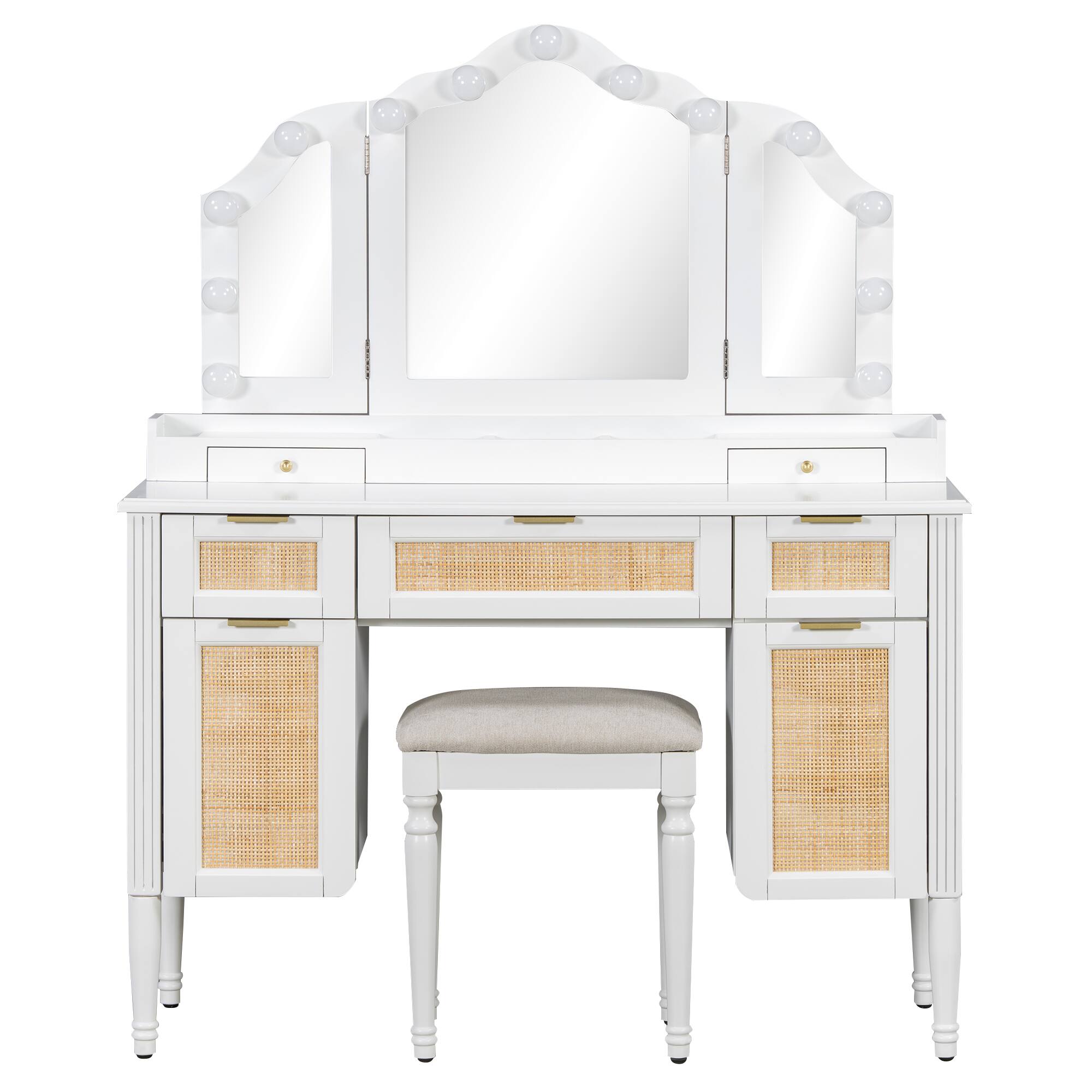 Front. COWLOWN - 44.37 Inch Vanity Desk 13 Hollywood Bulbs 3 Modes Tri Fold Mirror 5 Drawers Shelves White - White.