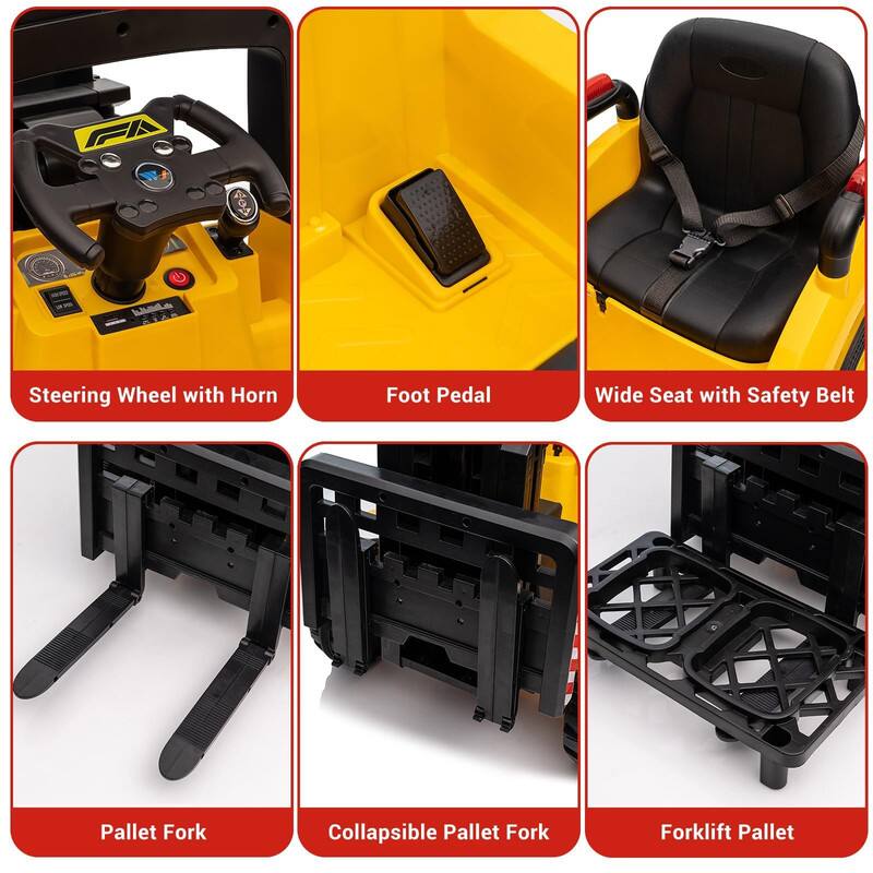 - Steering Wheel with Horn
- Foot Pedal
- Wide Seat with Safety Belt
- Pallet Fork
- Collapsible Pallet Fork
- Forklift Pallet