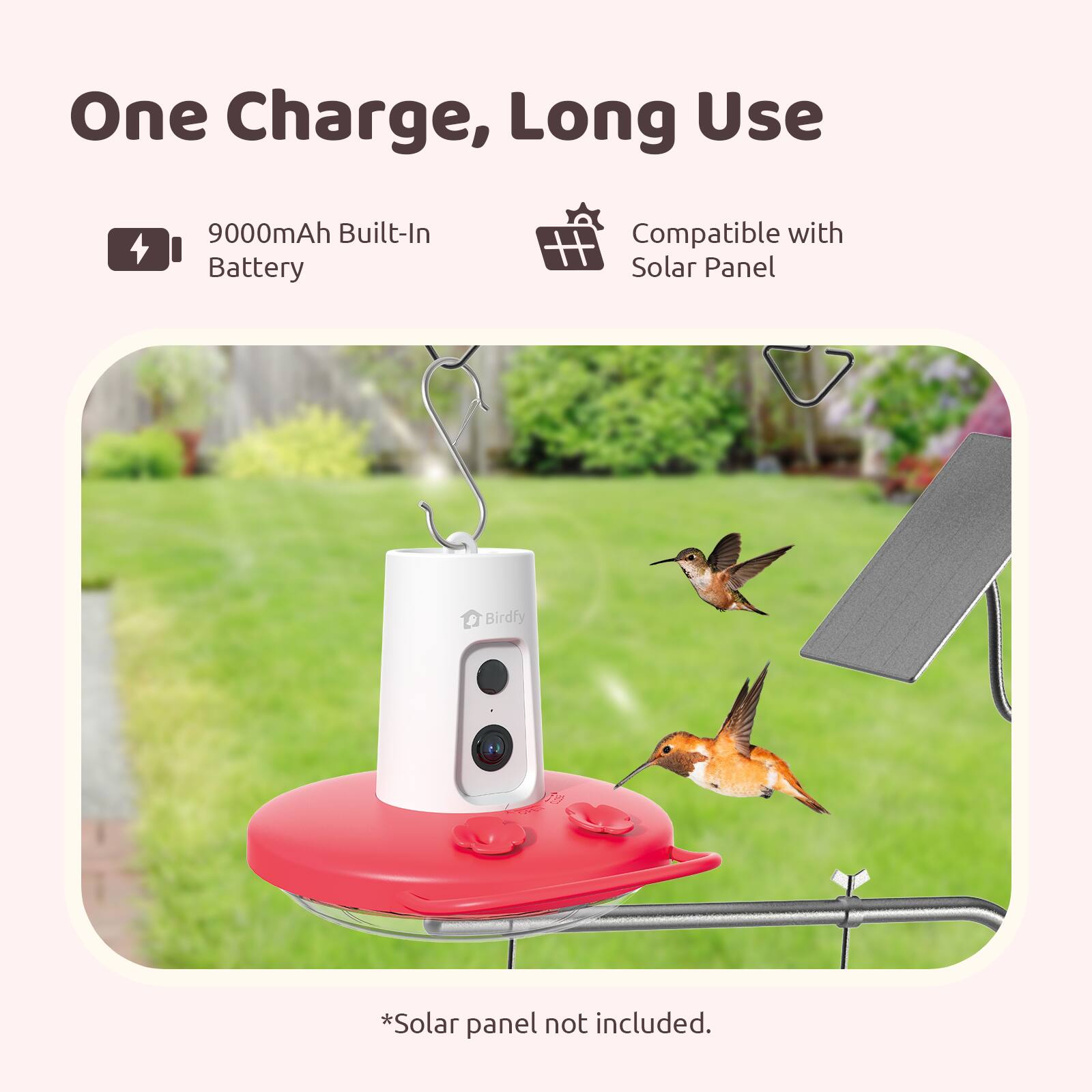 One Charge, Long Use: 4900mAh Built-In Battery Compatible with Solar Panel Birdfeeder 2.0 (Solar panel not included).