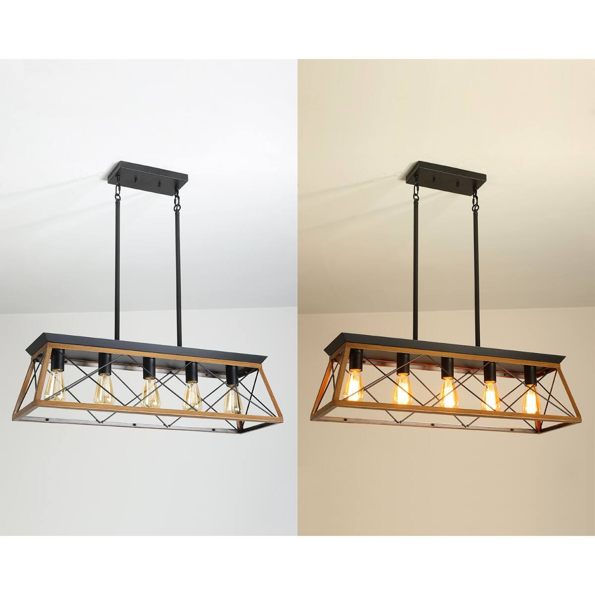 Alt View 4. Loheer - Loheer 32 inch Walnut Pendant Chandelier, Five Light Industrial Metal Cage for Dining Room or Kitchen.