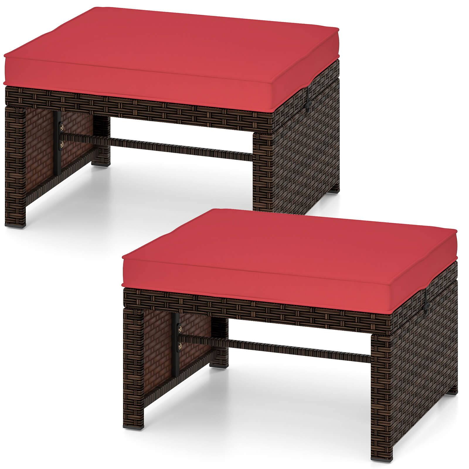 Front. Costway - Costway 2 PCS Patio PE Rattan Ottomans with Soft Zippered Cushions for Deck Outdoor Red - Red.