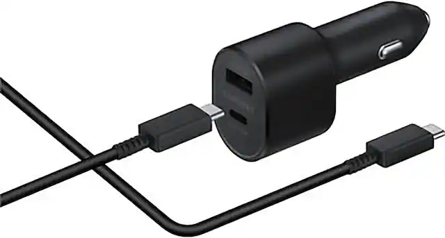 Front. Samsung - Samsung 45W Dual car Charger 1 USB-A port, 1 USB-C Port - Retail Box - Black.