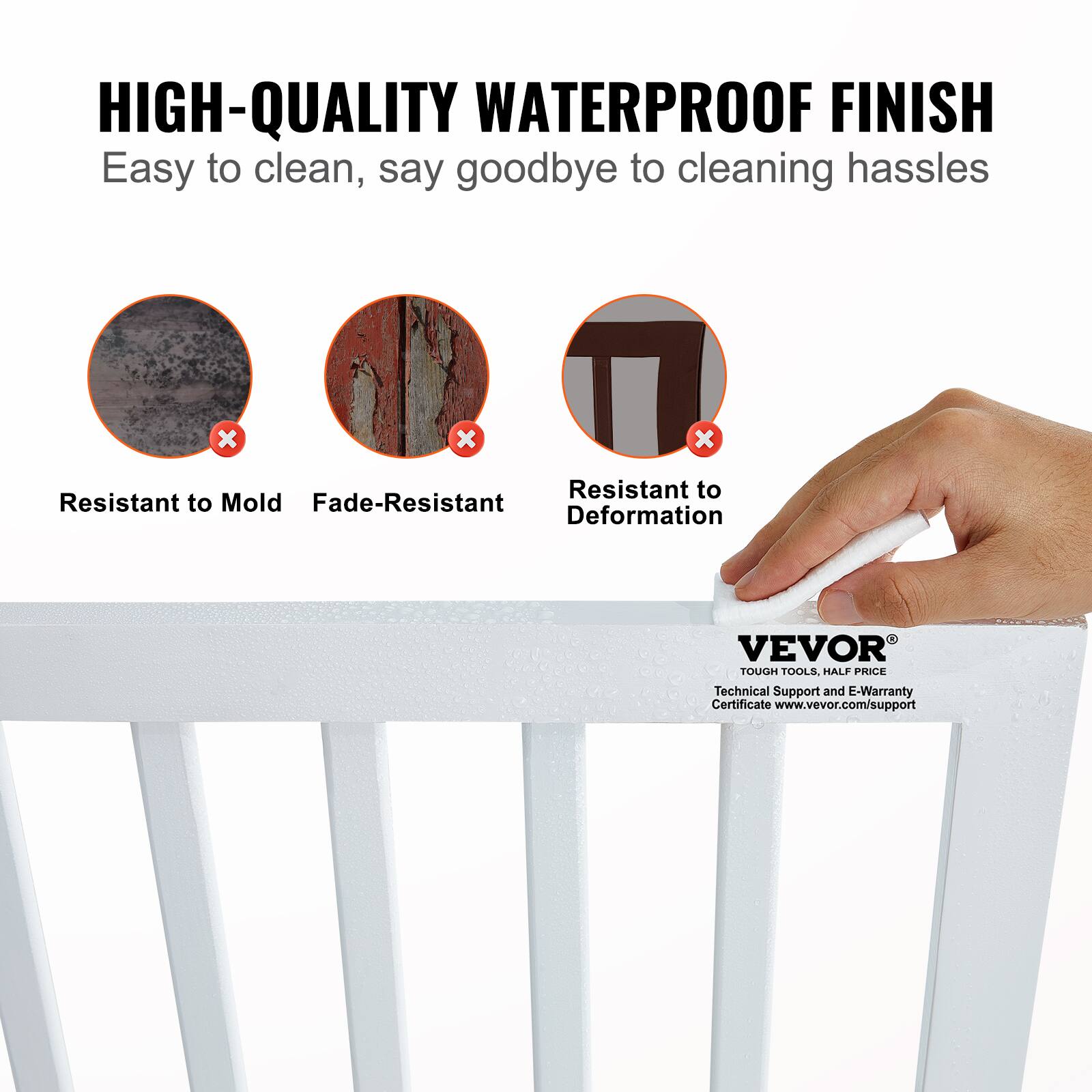HIGH-QUALITY WATERPROOF FINISH

Easy to clean, say goodbye to cleaning hassles

- Resistant to Mold
- Fade-Resistant
- Deformation

VEVOR TOUGH TOOLS HALF PRICE

Technical Support and E-Warranty Certificate

www.vevor.com/support
