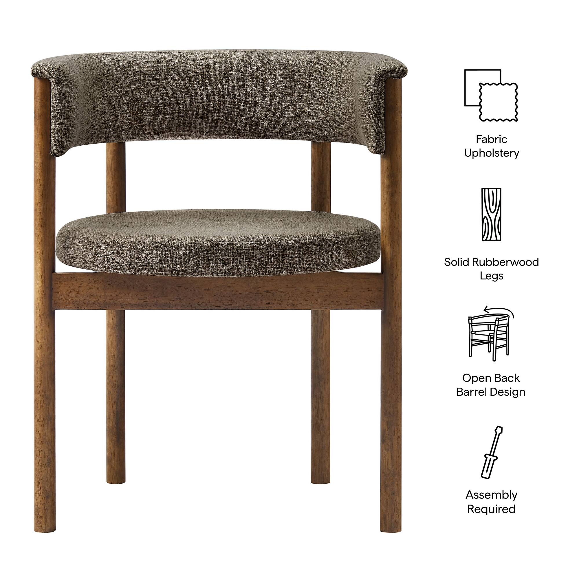 - Fabric Upholstery
- Solid Rubberwood Legs
- Open Back Barrel Design
- Assembly Required