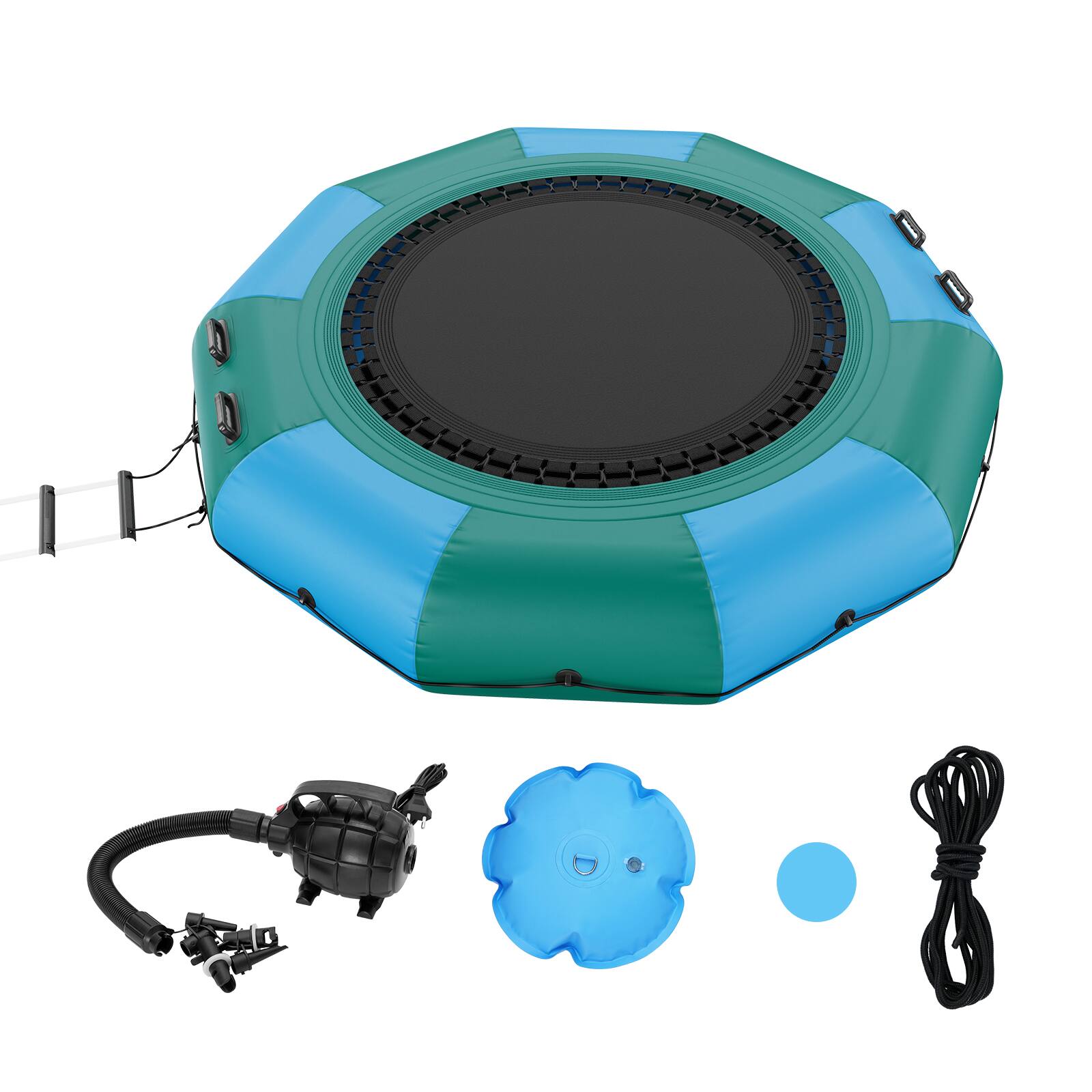 Front. VEVOR - Inflatable Water Bouncer, 10ft Recreational Water Trampoline, Portable Bounce Swim Platform with 3-Step Ladder - Blue, green.