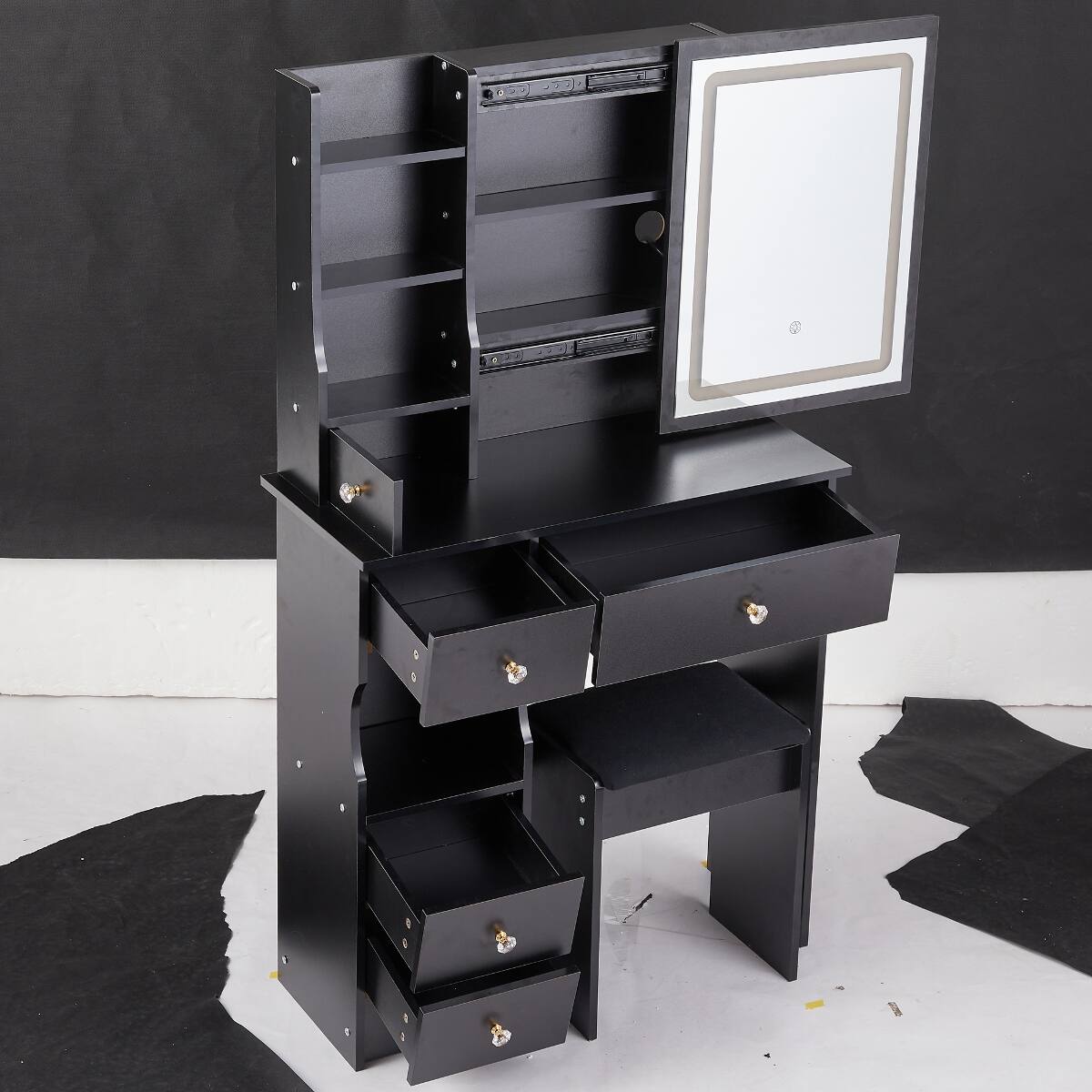 Alt View 3. Loheer - Loheer Small Desktop Vanity Table with LED Mirror and Cushioned Stool, Black MDF, 29.2 Inch - Black.
