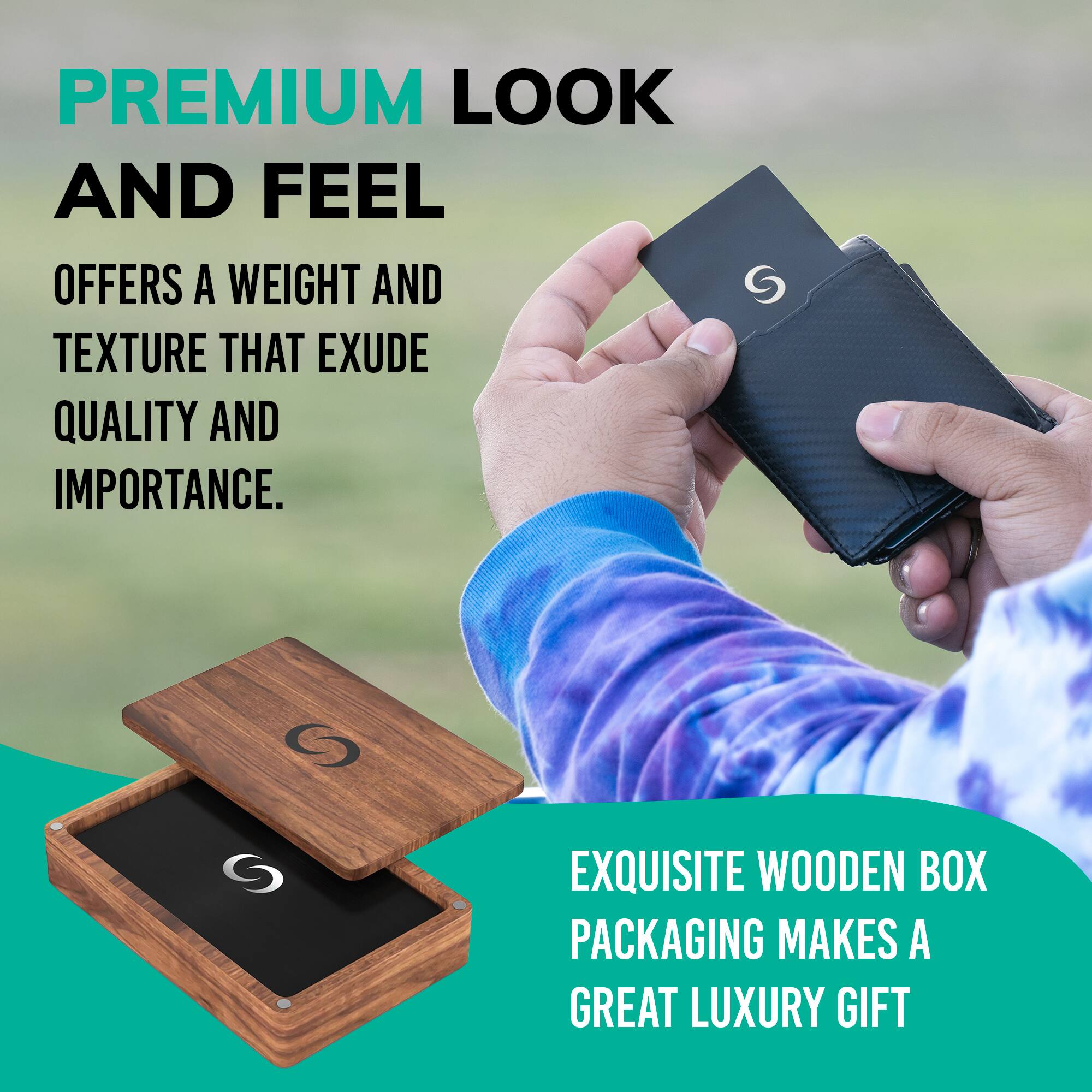 PREMIUM LOOK AND FEEL  
OFFERS A WEIGHT AND TEXTURE THAT EXUDE QUALITY AND IMPORTANCE.  

EXQUISITE WOODEN BOX PACKAGING MAKES A GREAT LUXURY GIFT
