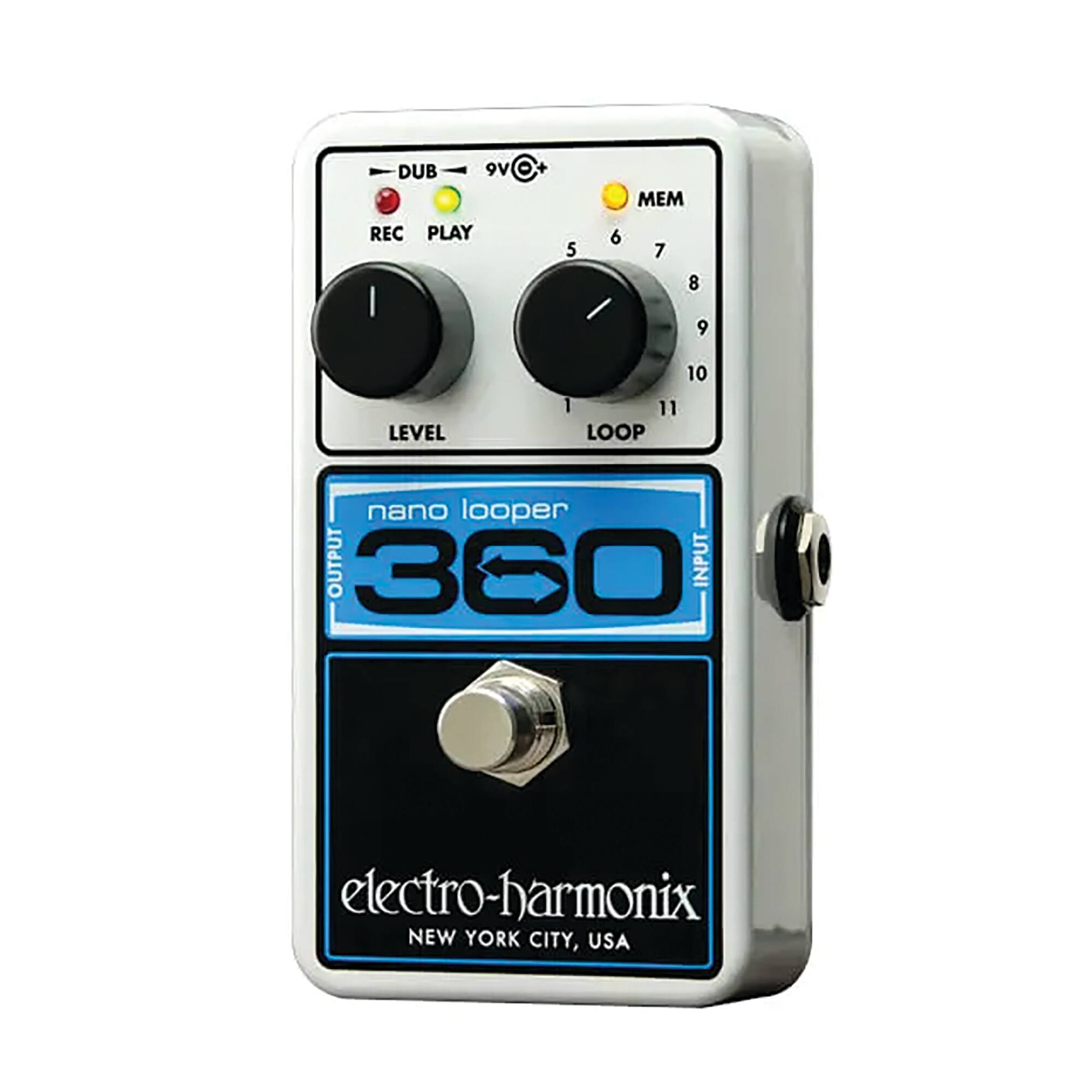 DUB 9V MEM REC PLAY LEVEL 1 2 3 4 5 6 7 8 9 10 11 LOOP nano looper 360 OUTPUT INPUT electro-harmonix NEW YORK CITY, USA