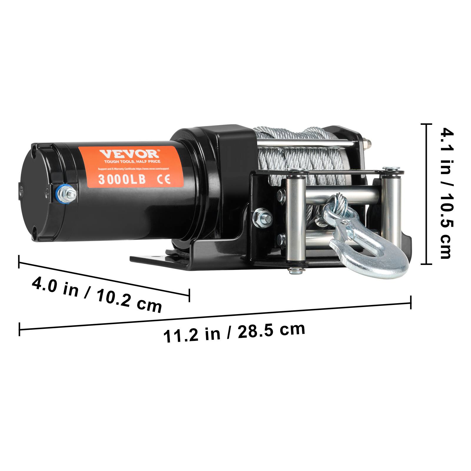 VEVOR  
TOUGH TOOLS, HALF PRICE  
3000LB CE  

4.0 in / 10.2 cm  
11.2 in / 28.5 cm  
4.1 in / 10.5 cm