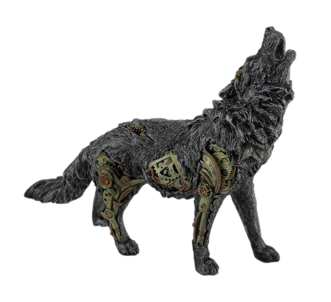 Zeckos - Cool Steampunk Style Howling Gray Wolf Statue - Silver