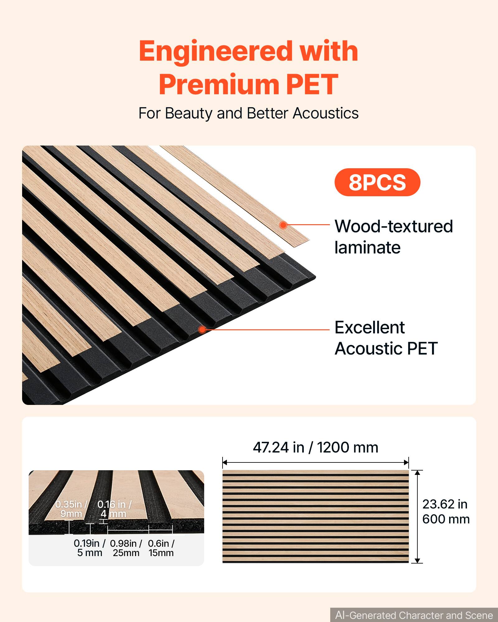 Engineered with Premium PET For Beauty and Better Acoustics

8PCS

Wood-textured laminate

Excellent Acoustic PET

47.24 in / 1200 mm

0.35in / 0.16 in / 9mm / 4 mm

23.62 in / 600 mm

0.19in / 0.98in / 0.6in / 5 mm / 25mm / 15mm

AI-Generated Character and Scene