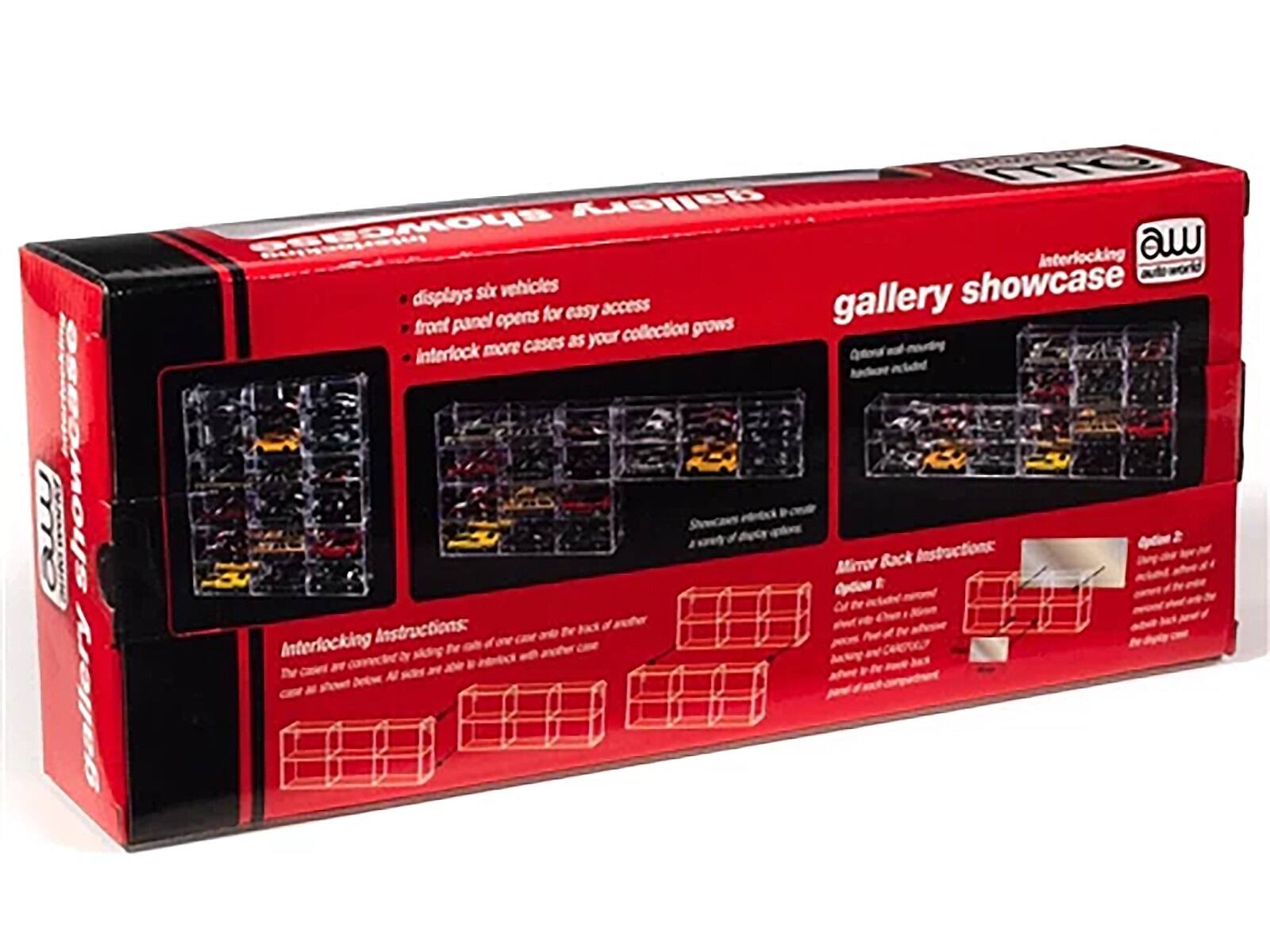 Sure, here is the corrected and grouped text from the image:

---

**gallery showcase**

- Displays six vehicles
- Front panel opens for easy access
- Interlock more cases as your collection grows

**Interlocking Instructions:**
- The cases are connected by side clips. All sides are able to interlock with another case.

**Mirror Back Instructions:**
- Option 1: Use the included mirror. Place the mirror on the back of the case. Push the back of the case to secure the mirror.
- Option 2: Use the included stand. Place the stand on the back of the case. Push the back of the case to secure the stand.

**Interlocking Instructions:**
- The cases are connected by side clips. All sides are able to interlock with another case.

**Mirror Back Instructions:**
- Option 1: Use the included mirror. Place the mirror on the back of the case. Push the back of the case to secure the mirror.
- Option 2: Use the included stand. Place the stand on the back of the case. Push the back of the case to secure the stand.

**Interlocking Instructions:**
- The cases are connected by side clips. All sides are able to interlock with another case.

**