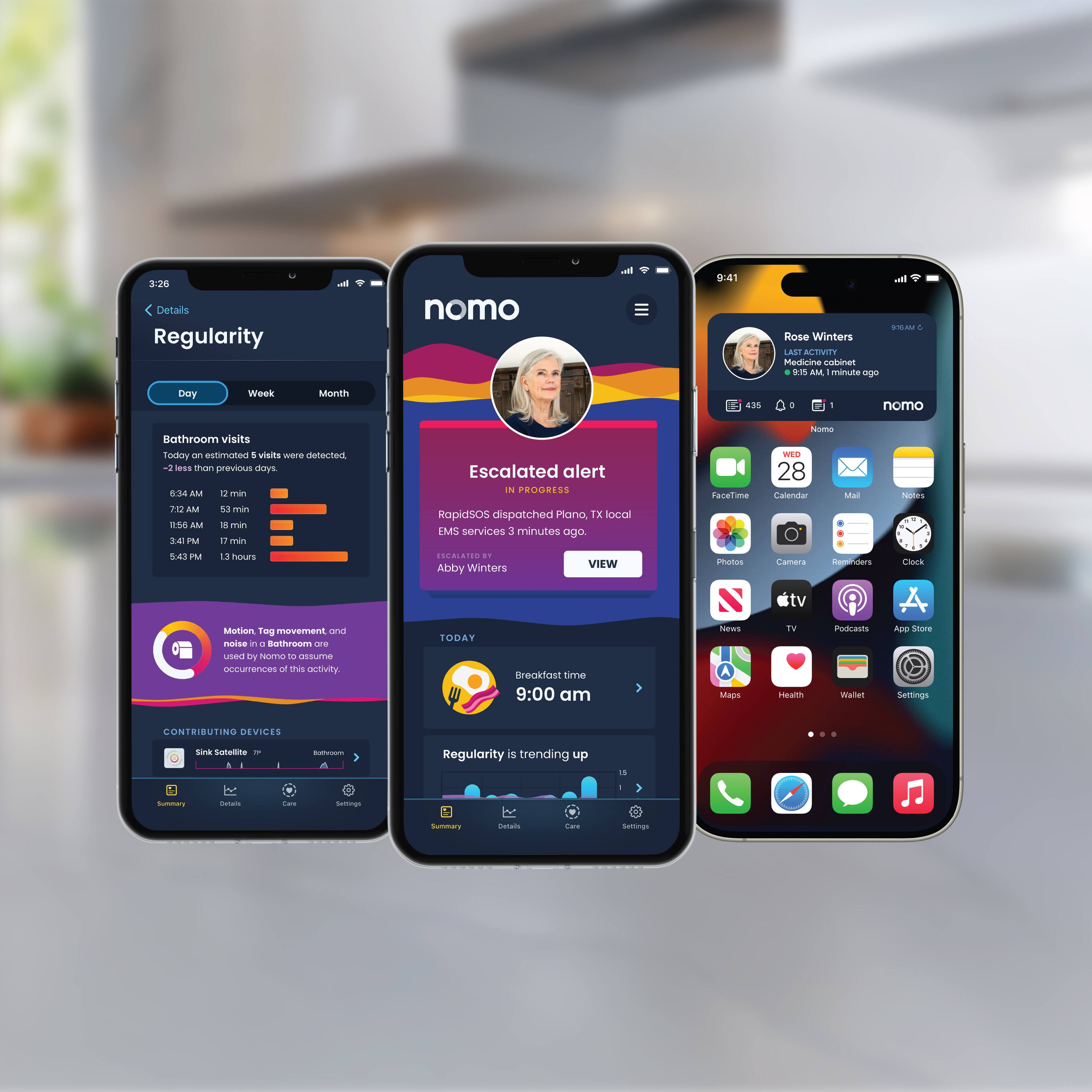2:20 Details Regularity nomo 1 9:41 i.  
2 Rose Winters AST ACTIVITY Medicine cabinet + AM minute age Dey Week Monti 435 0 1 nomo Bathroom visits Todoy oF hamunites 1 visits sere rstecter a ls than previous nO 04 AM  min PM AM 1 min 1s6 AM - min 34M 1 min Escalated alert n PROORESS RapidSOs dispatched Mano 1X ocai MS services 3 minutes ago FaceTime Nome mIL 28 Calendar  N 4 P 13 hur Mamiom Tog maveremt ond risa - - mA are Ue by nma a SSUTTIO acuErCES - Ts activity REALATI .. VIEW Abby winters TODAY Brecktost time 9:00 am Photos SEes Mups Camara stv IV Mm Mependers Podcasts Wanet Csock A Apm ireane Settings CONTRIBUTING DEVILES sine Sanamma - - Regularity  trending up N - - -. demingn summary detals -- temnus
