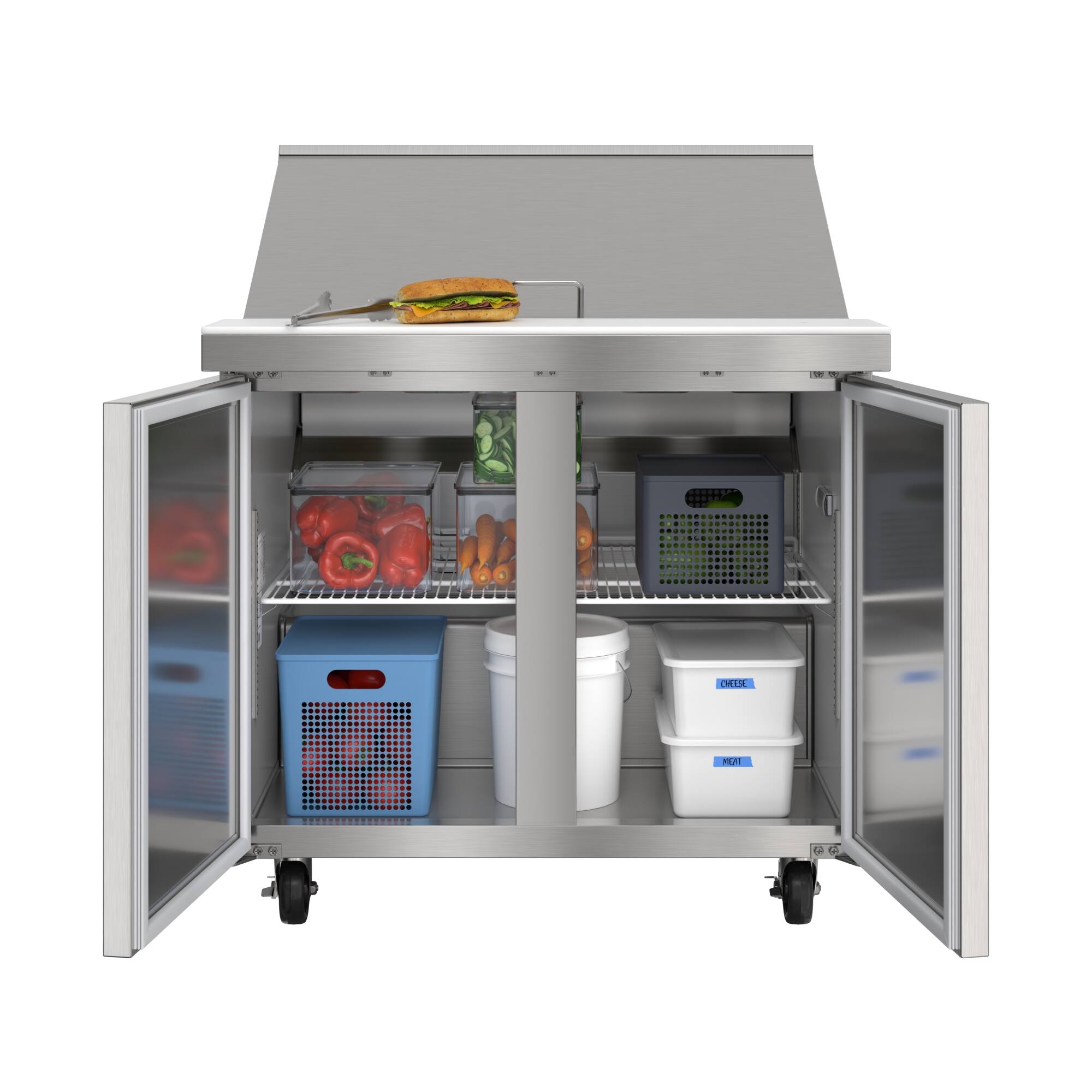Angle. Koolmore - 36 in. Commercial 2-Door Refrigerated Mega Salad and Sandwich Prep Table, 15 Pan Capacity and 11 Cu. Ft. of Storage - Stainless steel.