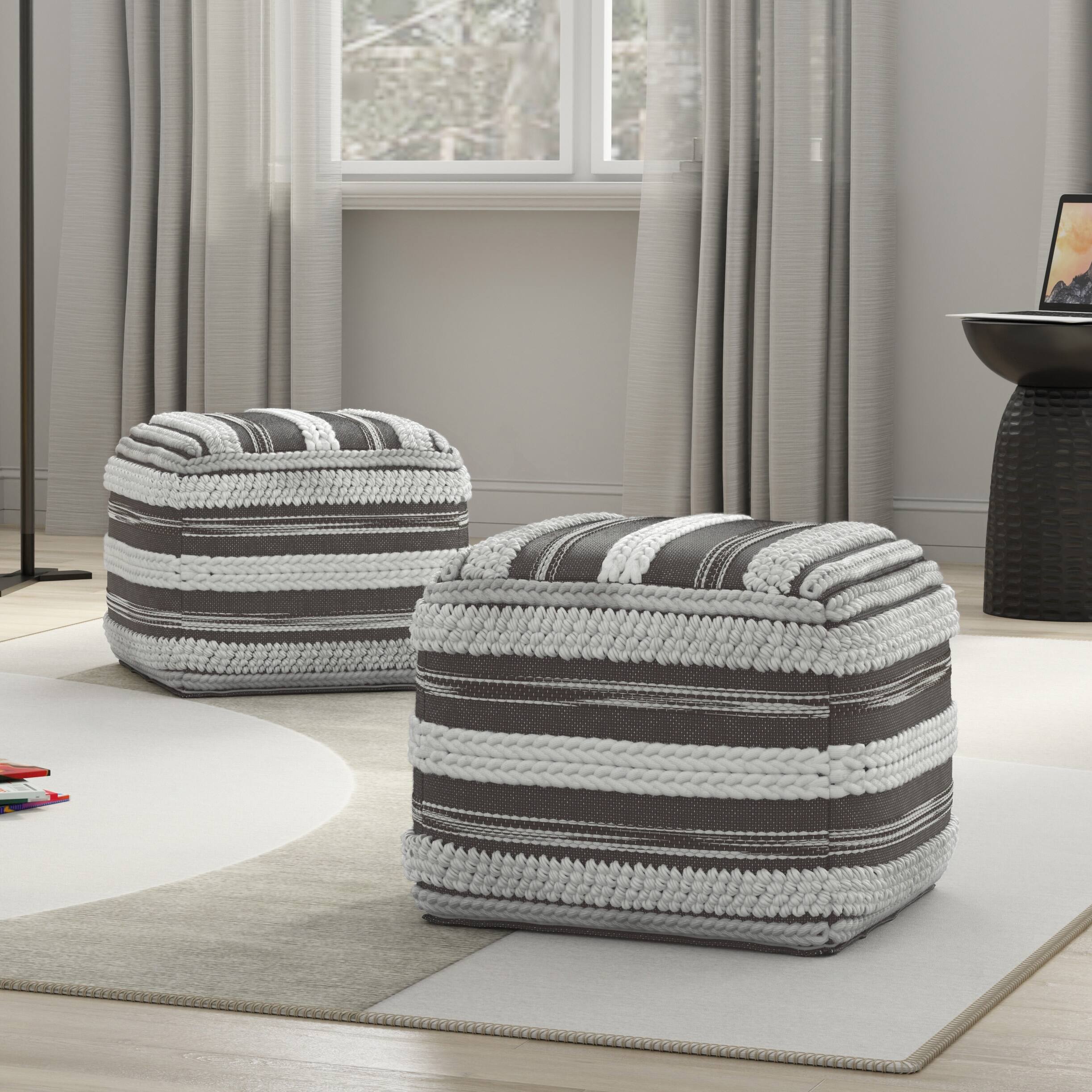Angle. Simpli Home - Sommer Boho Square Pouf in Natural/Taupe Grey Handloom Woven Pattern - Natural/Taupe Grey.