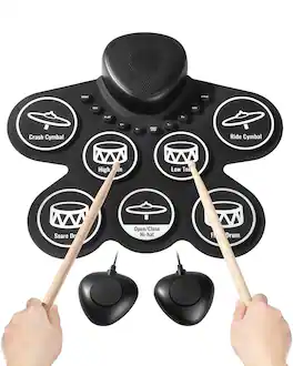 Glintex - Electric Drum Set 7 Pads Roll-up Electronic Drum Practice Pad with Headphone Jack Portable Kit for Kids and Adults - Black