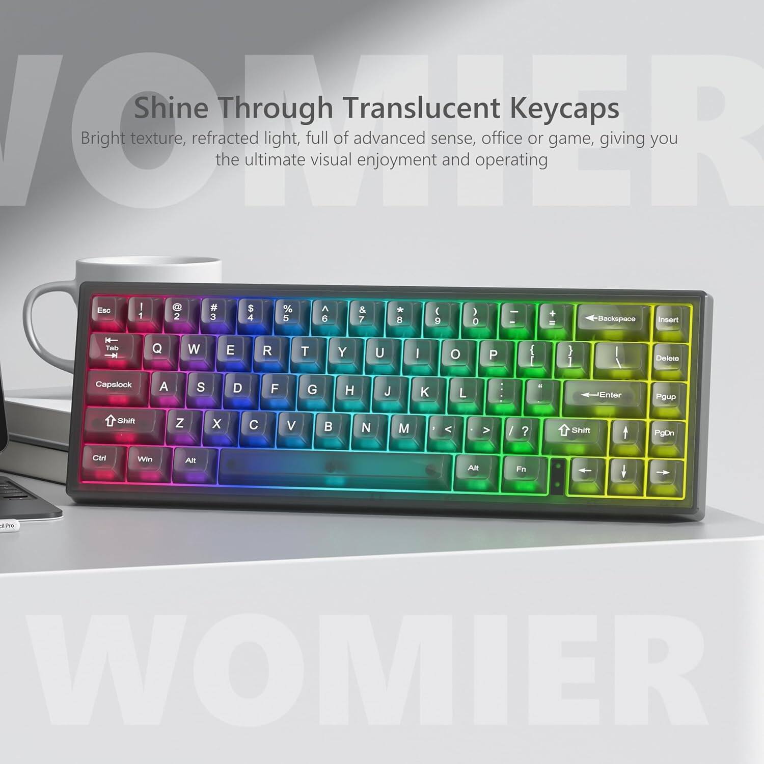 Shine Through Translucent Keycaps  
Bright texture, refracted light, full of advanced sense, office or game, giving you the ultimate visual enjoyment and operating  

Esc 1 2 3 4 5 6 7 8 9 0 - = Backspace  
Tab Q W E R T Y U I O P [ ] \  
Capslock A S D F G H J K L ; ' Enter  
Shift Z X C V B N M , . / Shift  
Ctrl Win Alt Fn Spacebar