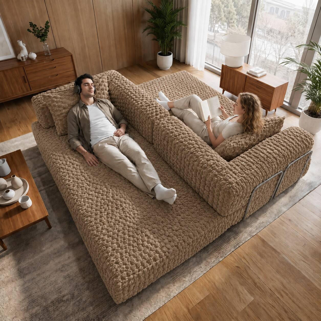 Alt View 3. Famapy - Convertible Folding Sofa Bed Couch 2-in-1 Loveseat with Plush Fabric Detachable Metal Support Brackets for Living Room - Light Brown.