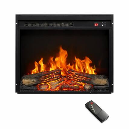 Front. RYHNUYNE - 23 Inch Electric Fireplace Insert – Ultra Thin Heater with Log Set, Realistic Flame, Remote Control Timer - Antique Black.