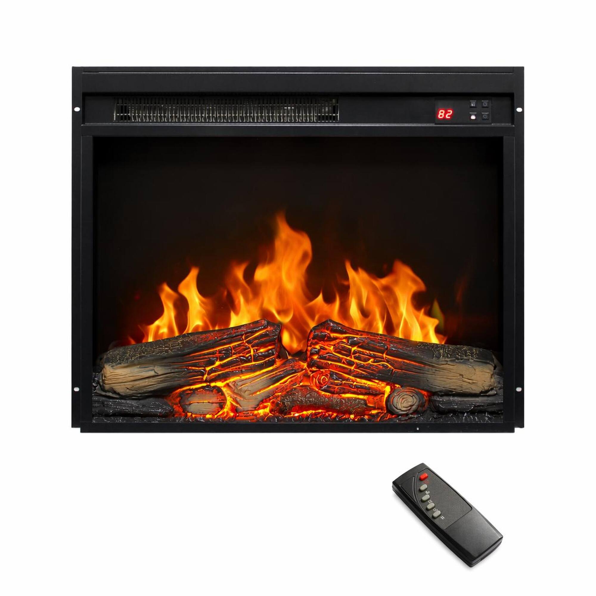 Front. RYHNUYNE - 23 Inch Electric Fireplace Insert – Ultra Thin Heater with Log Set, Realistic Flame, Remote Control Timer - Antique Black.