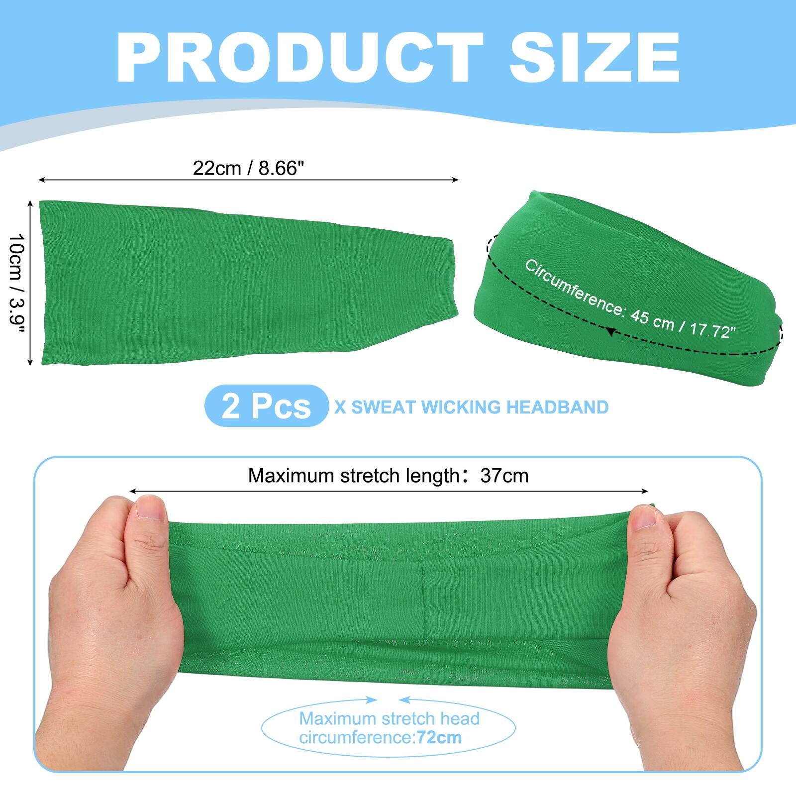PRODUCT SIZE

22cm / 8.66"  
10cm / 3.9"  
Circumference: 45 cm / 17.72"  

2 Pcs X SWEAT WICKING HEADBAND  

Maximum stretch length: 37cm  
Maximum stretch head circumference: 72cm