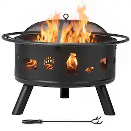 Winado - 30in Metal Fire Pit Stove, Portable Round Wood Burning with Cover, Handle Ring for Outdoor Camping Garden Party Picnic - Black-Bear Pattern