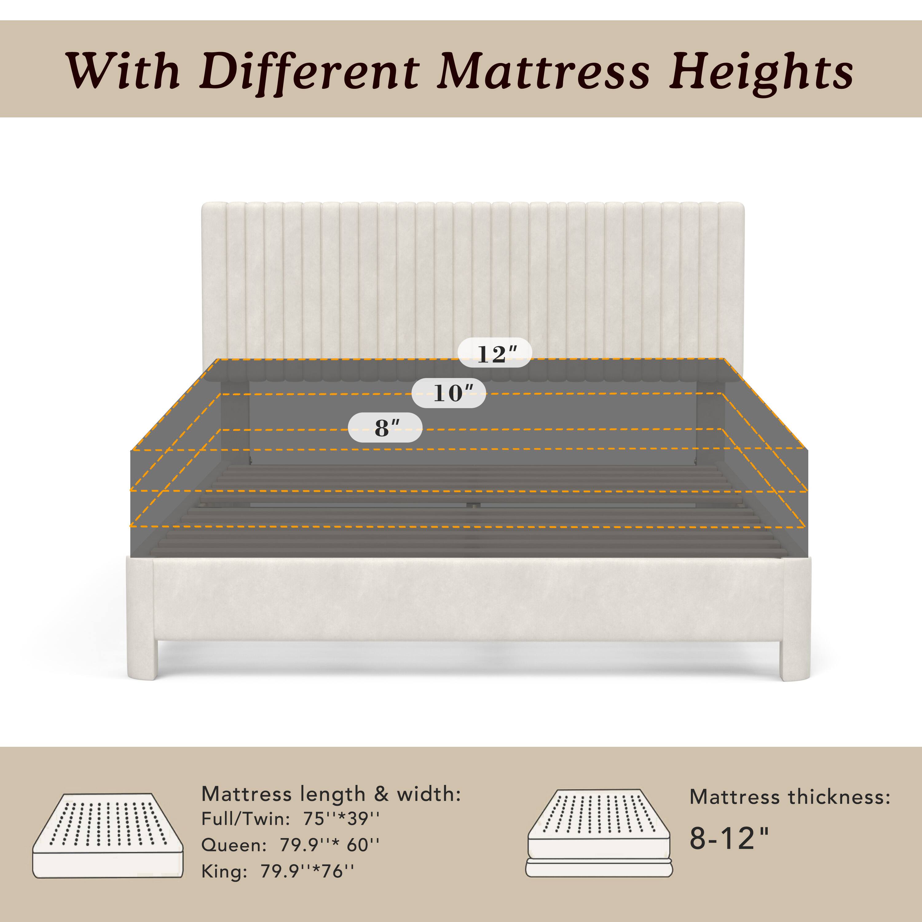 With Different Mattress Heights

12" 8" 10"

Mattress length & width:
Full/Twin: 75"*39"
Queen: 79.9"* 60"
King: 79.9"*76"

Mattress thickness: 8-12"
