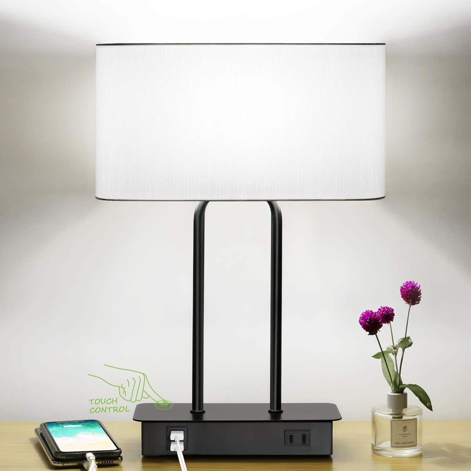 Nordic Hygge - Bedside Touch Control Table Lamp with Dual USB Charging Ports 1 AC Outlet - Black