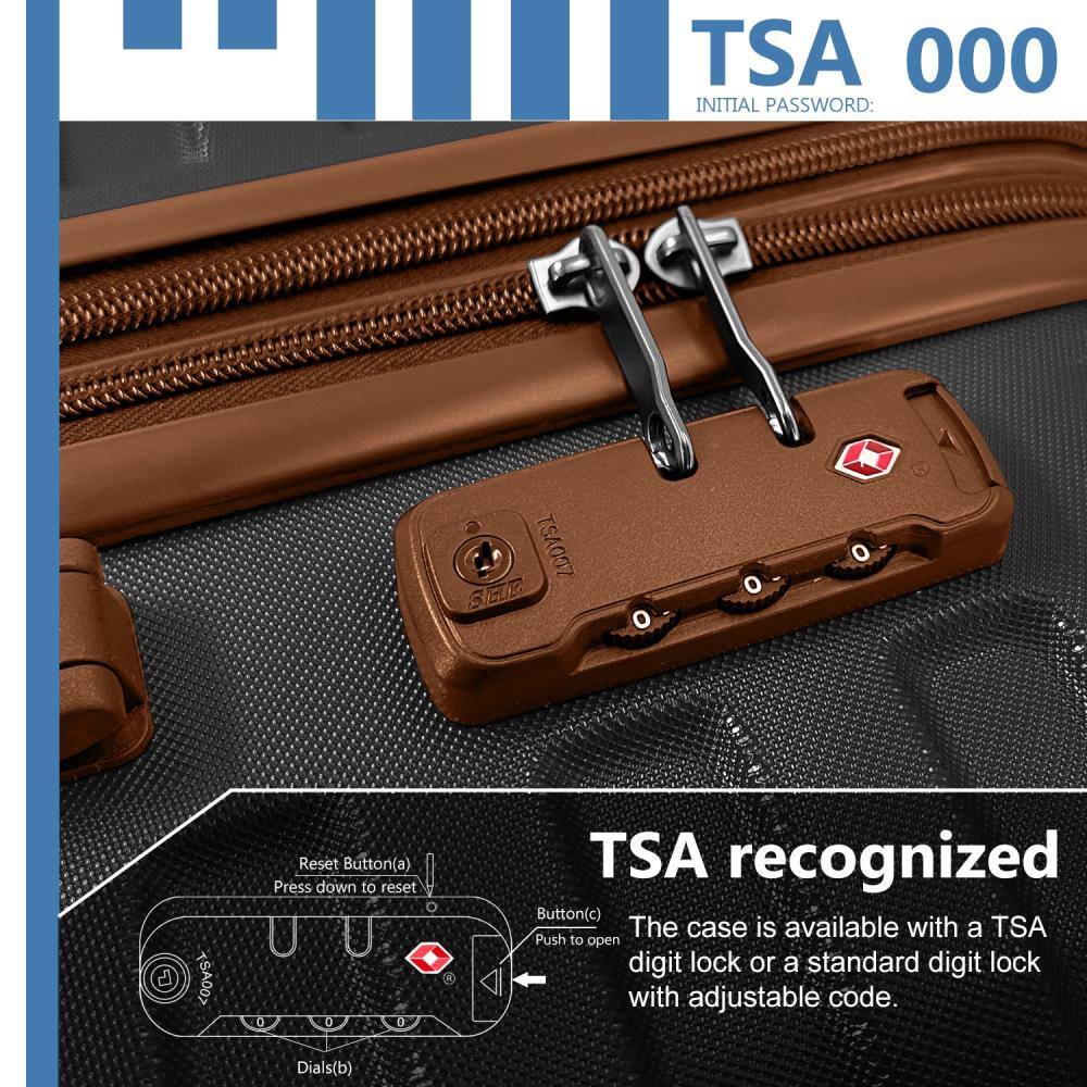 TSA 000  
INITIAL PASSWORD: TSA007  

TSA recognized  
Button(c) Push to open  
The case is available with a TSA digit lock or a standard digit lock with adjustable code.  

Reset Button(a) Press down to reset  
Dials(b)