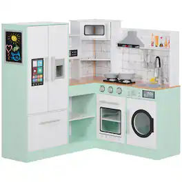 Qaba - Corner Pretend Play Kitchen, Kids Toy Kitchen Playset with Chalkboard, Range Hood, Ice Maker, Refrigerator Microwave