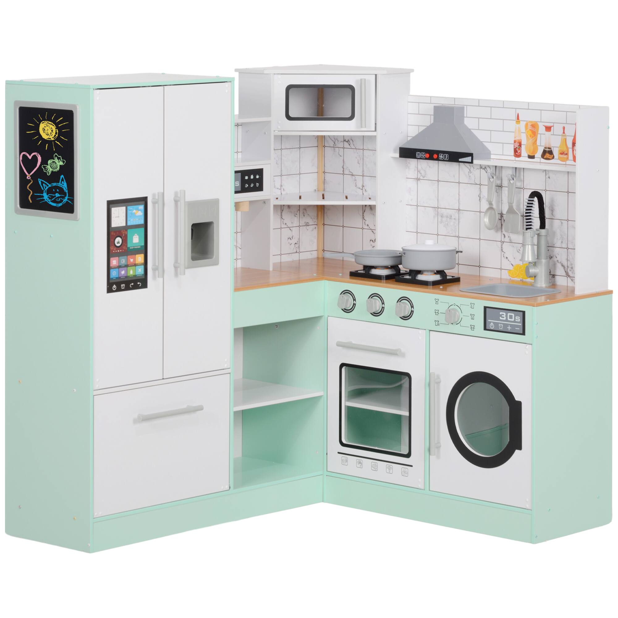 Front. Siljoy - Corner Kids Play Kitchen with Chalkboard, 7 Appliances, Realistic Lights & Sound, Pots, for Ages 3+ - Green.